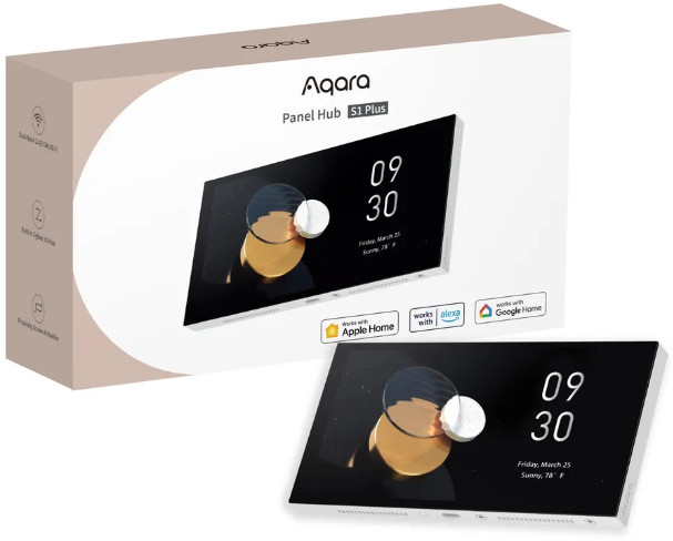 Pudełko i urządzenie Aqara Panel Hub S1 Plus wyświetlające godzinę i datę, z logo.