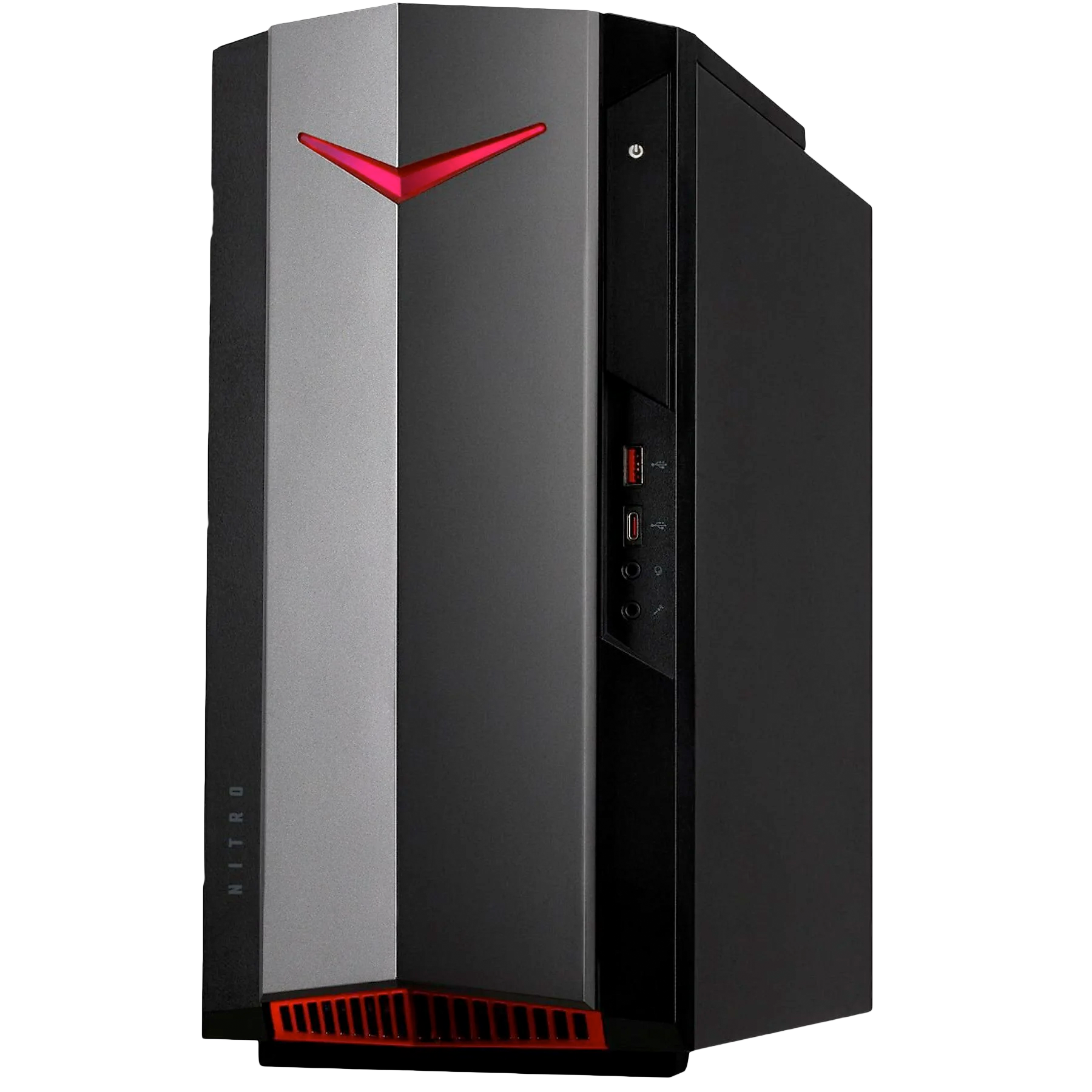 Czarna obudowa komputera z czerwonymi akcentami, widok z przodu, na czarnym tle.