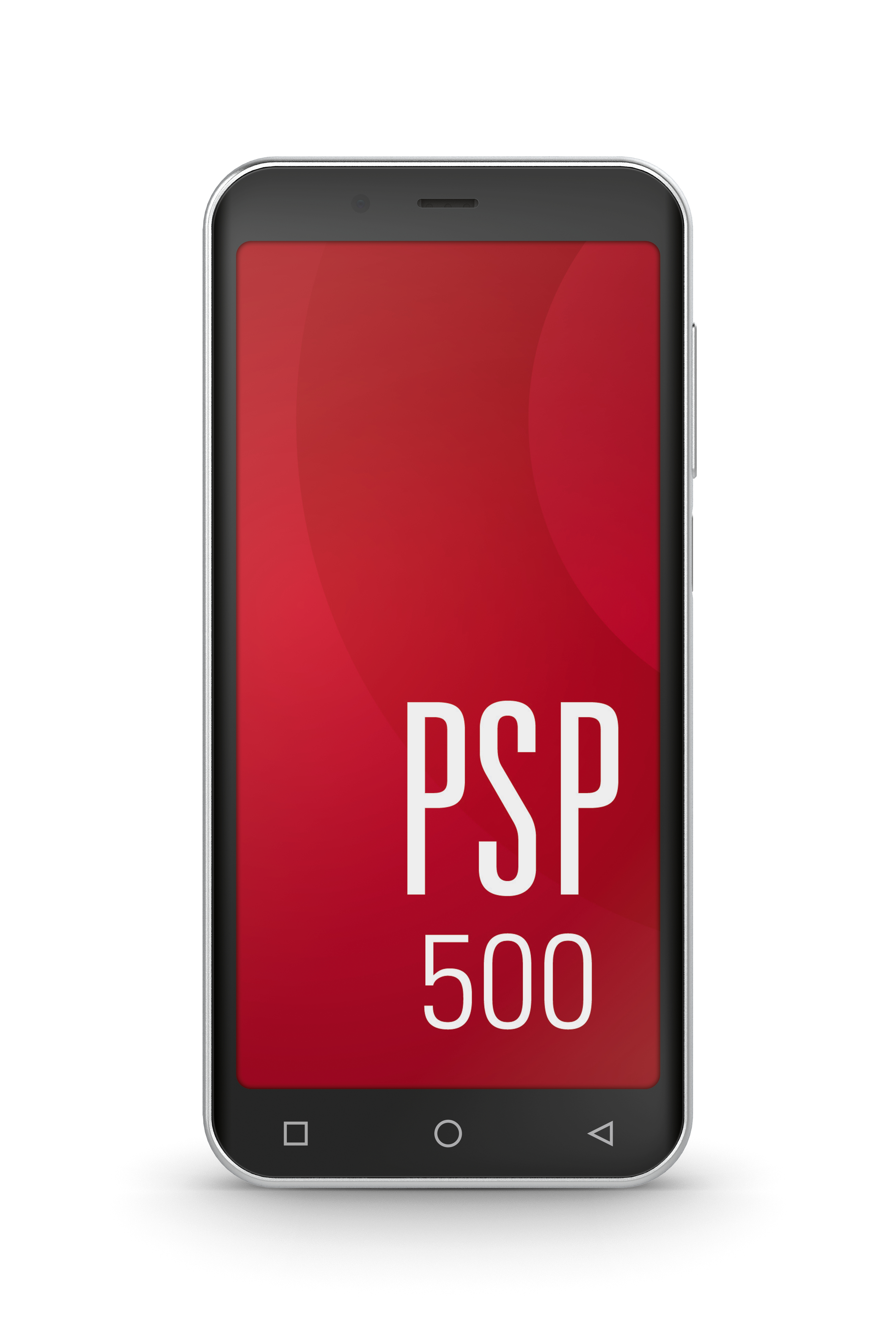 Smartphone mit rotem Bildschirm, der "PSP 500" in weißem Text anzeigt.