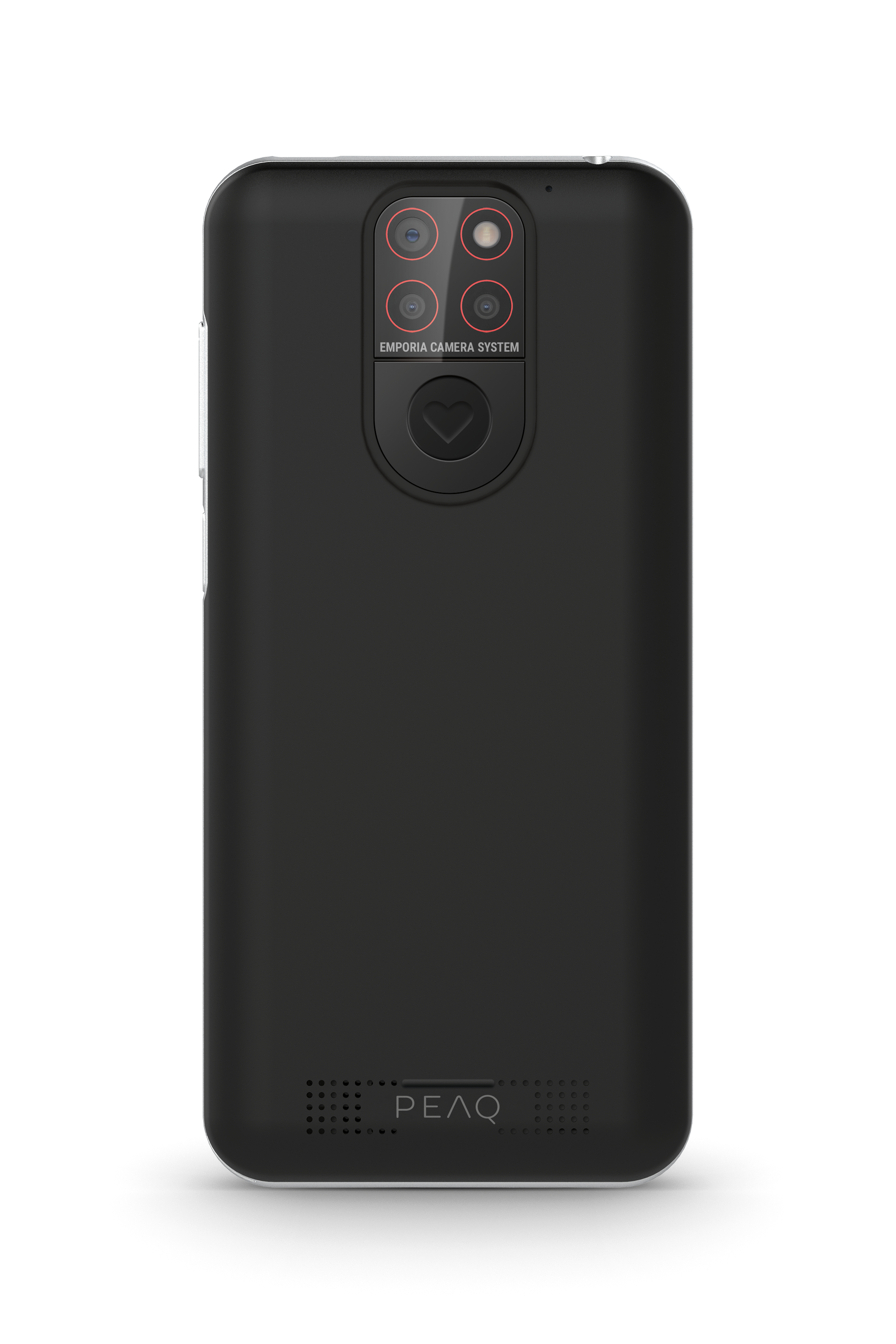 Schwarze Smartphone-Rückseite mit mehreren Kameras und einem herzförmigen Knopf.