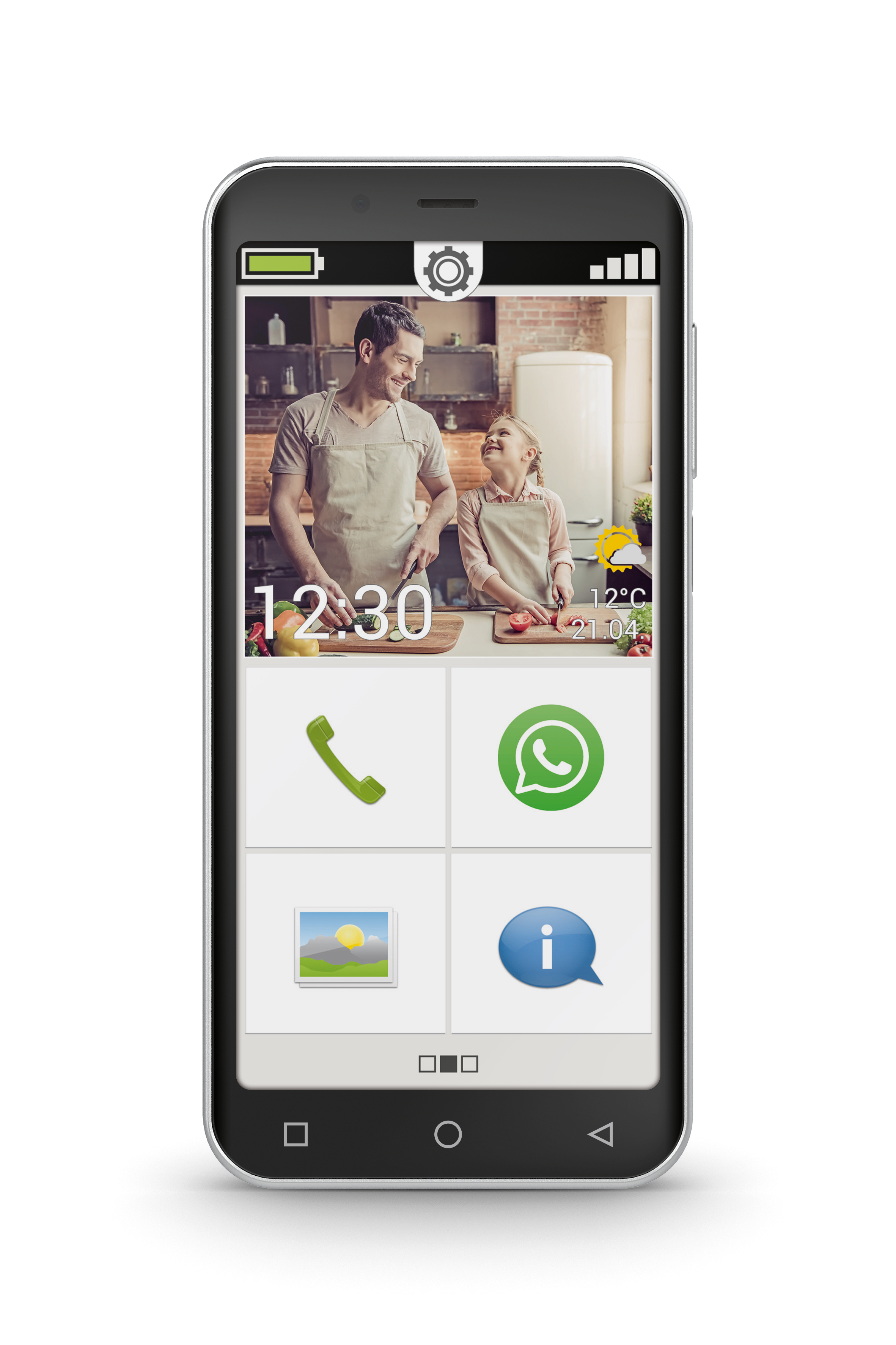 Smartphone zeigt Vater und Kind in der Küche. Symbole für Telefon, WhatsApp, Fotos und Info werden angezeigt.