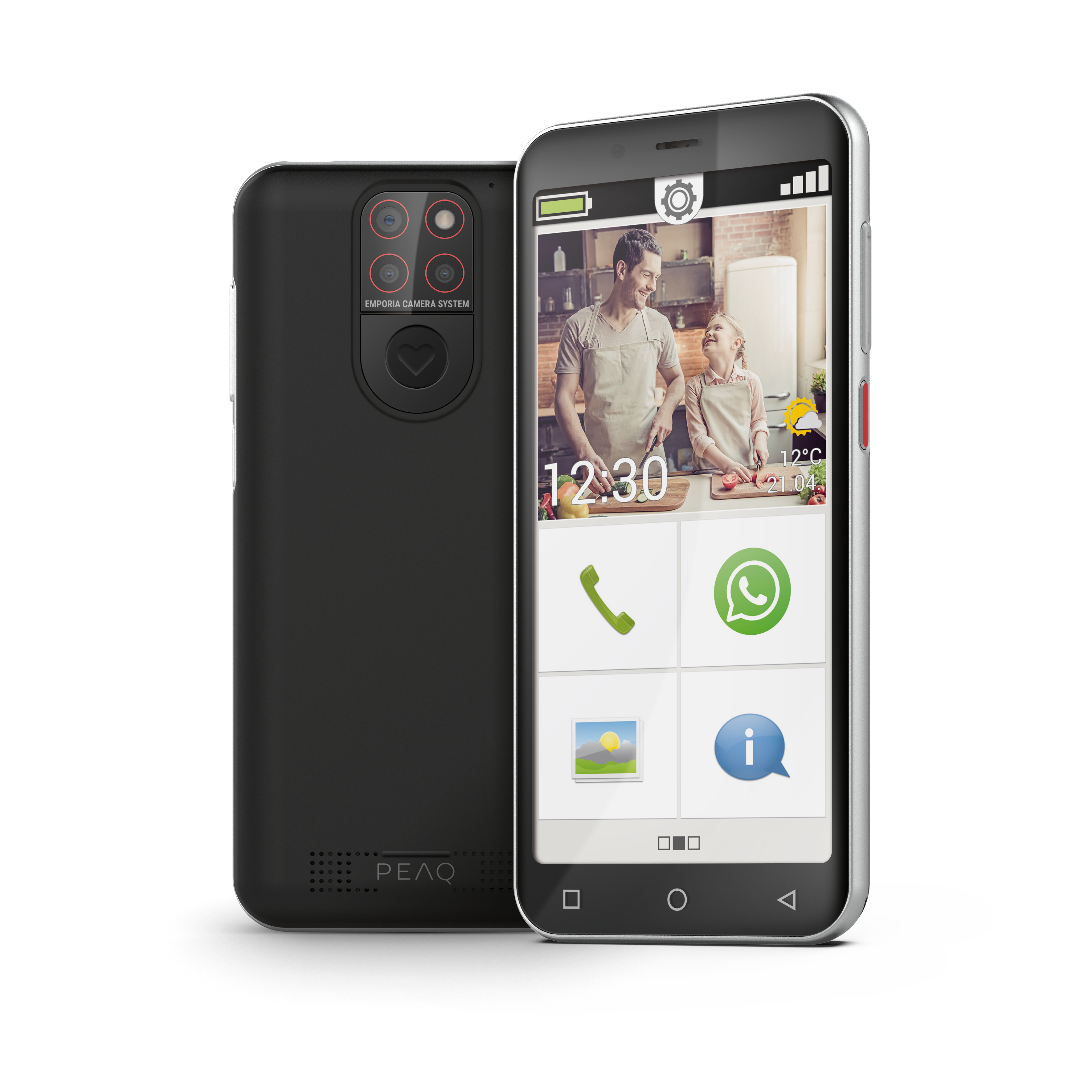 Schwarzes Smartphone mit zwei Bildschirmen. Einer zeigt ein kochendes Paar. Rückseite mit Kamera und Herzlogo.