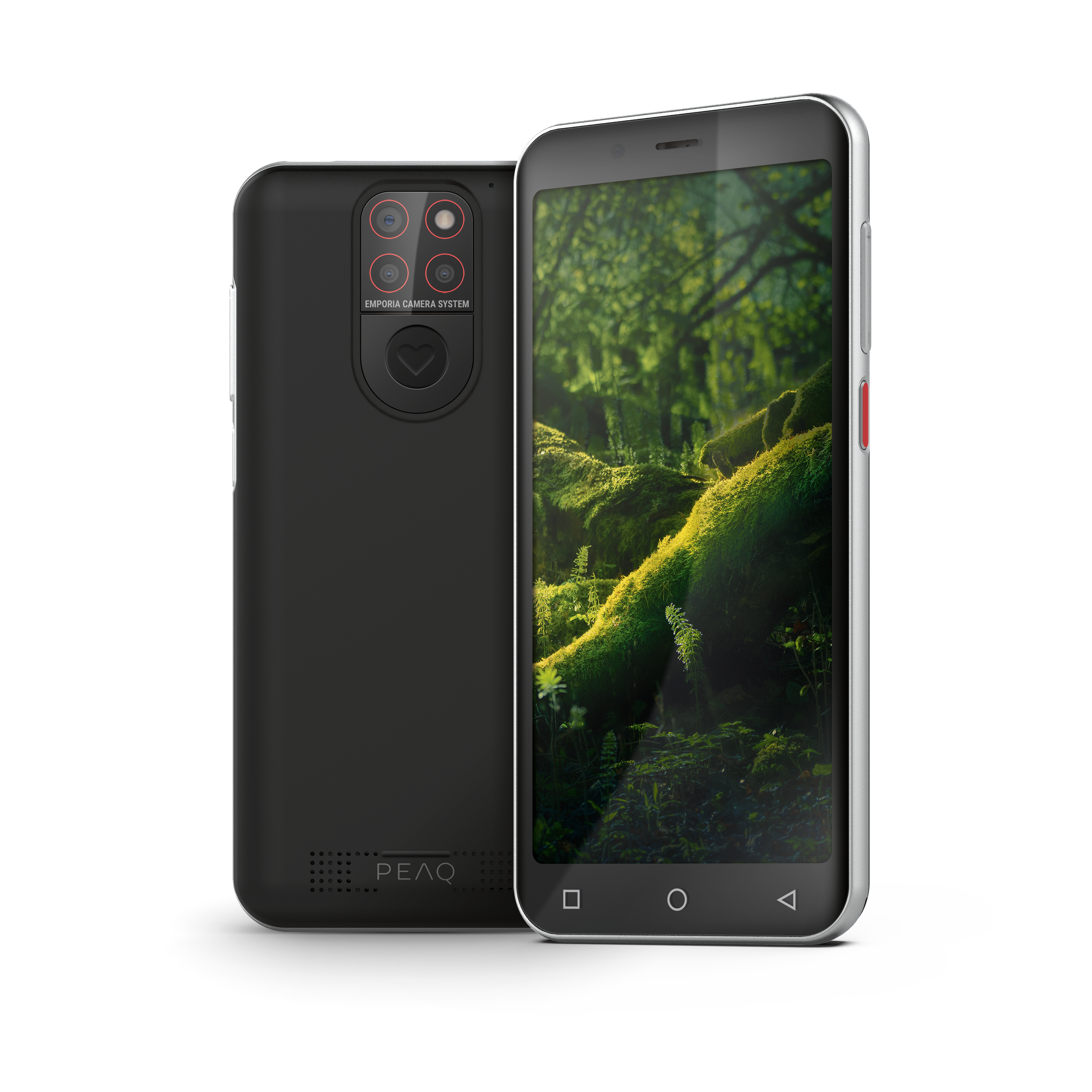 Zwei Telefone, eines schwarz auf der Rückseite mit Kamerasystem. Das andere Telefon zeigt den Bildschirm.