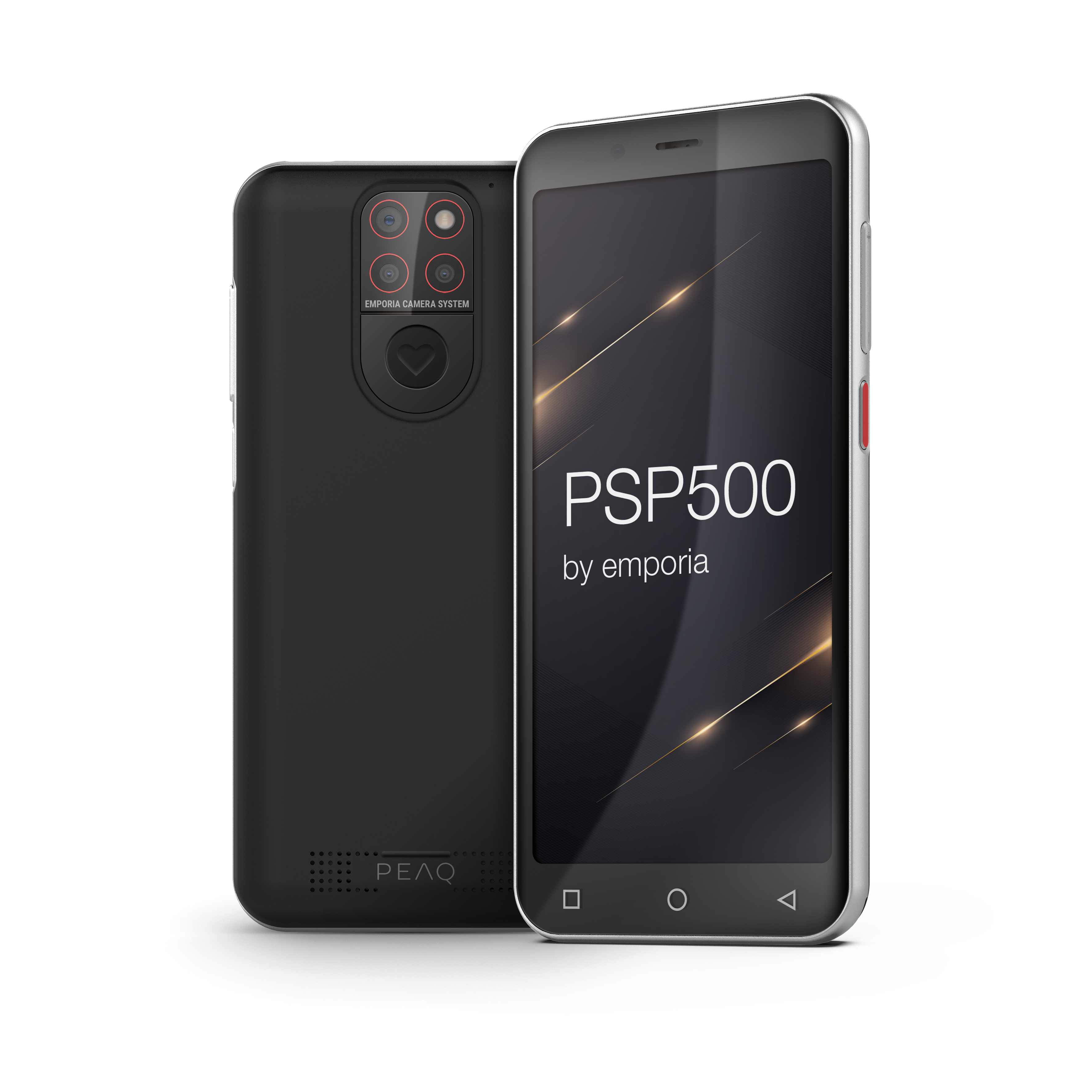 Zwei Smartphones. Das vordere zeigt 'PSP500' von emporia. Die Rückseite zeigt ein Kamerasystem.