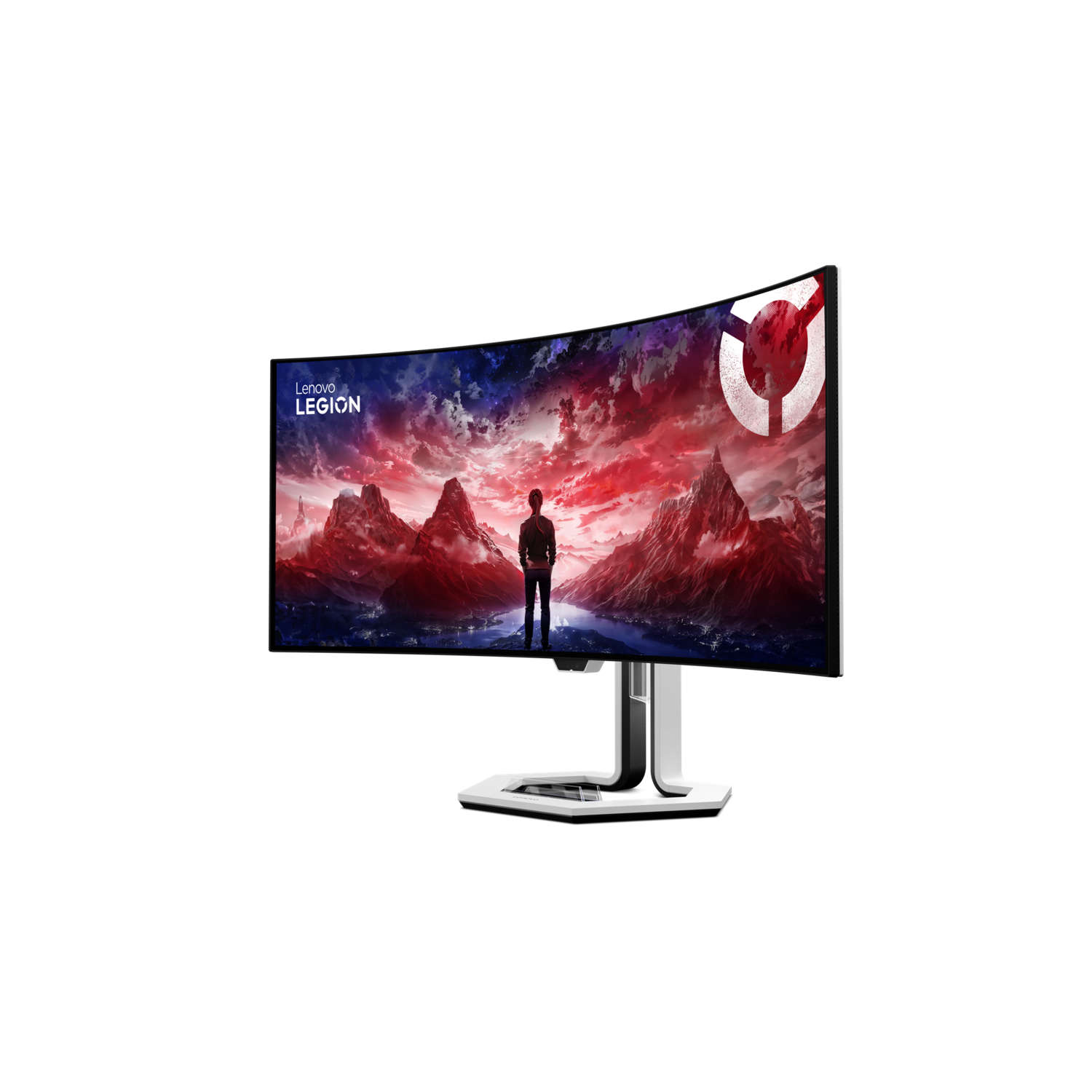 Een gebogen computermonitor met een landschapsafbeelding. De standaard is wit en grijs.