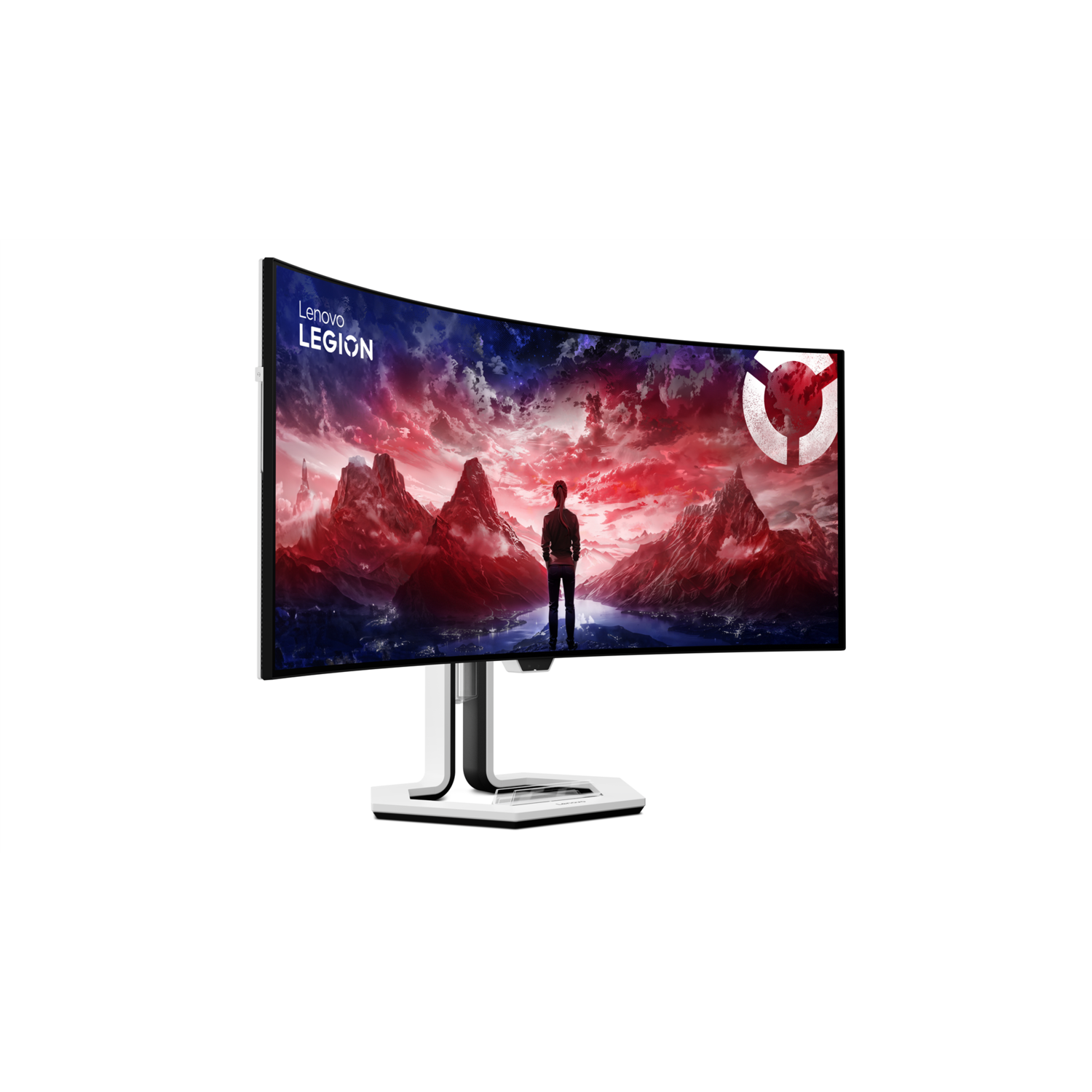 Gebogen Lenovo Legion monitor met berglandschap. Een persoon staat aan de voet van de bergen.