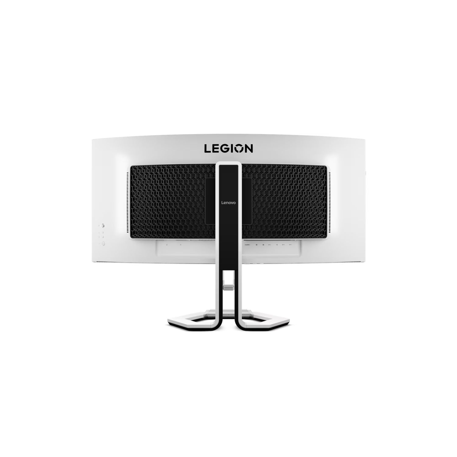 Achteraanzicht van een witte Lenovo Legion monitor. Zwart rooster en standaard. Zwarte achtergrond.