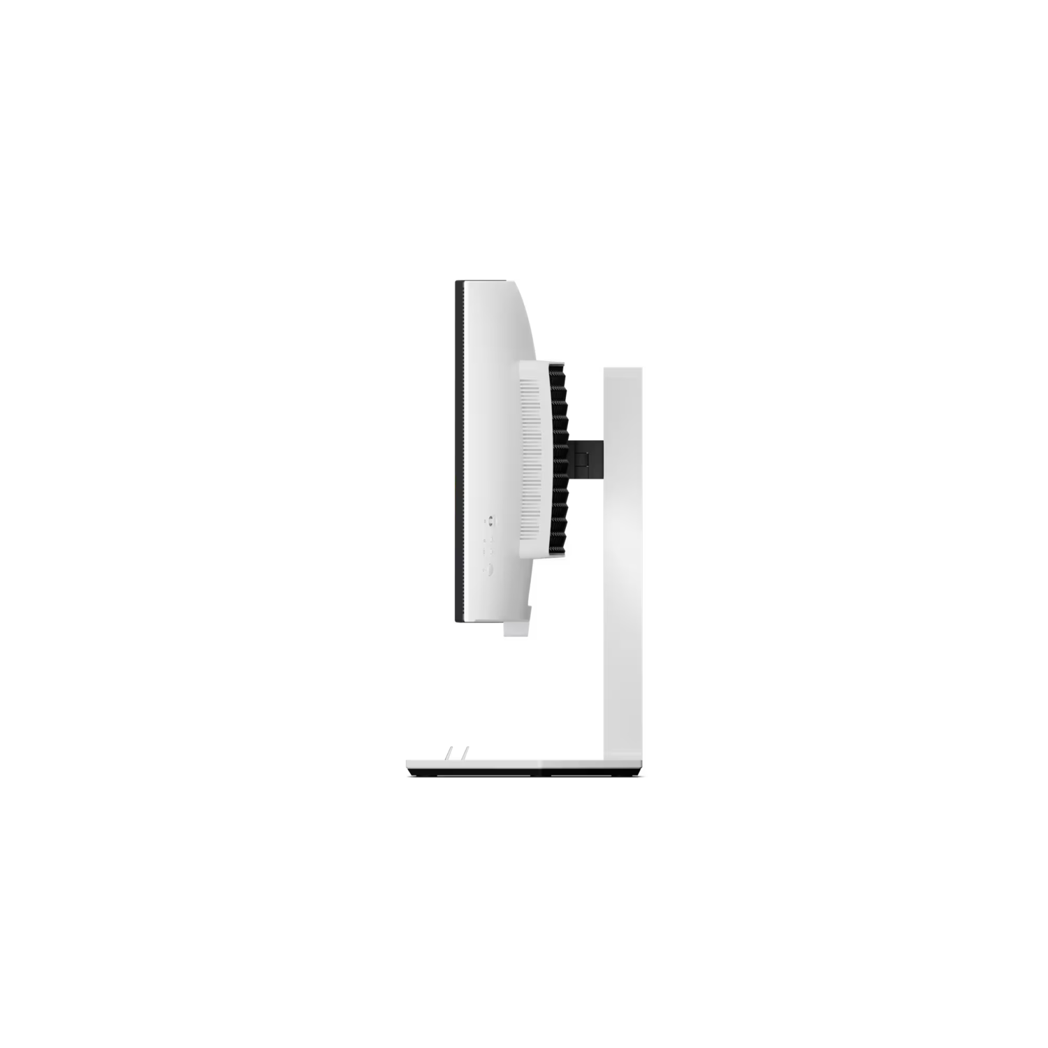 Een witte computermonitor van opzij bekeken, met de achterkant en de standaard tegen een zwarte achtergrond.
