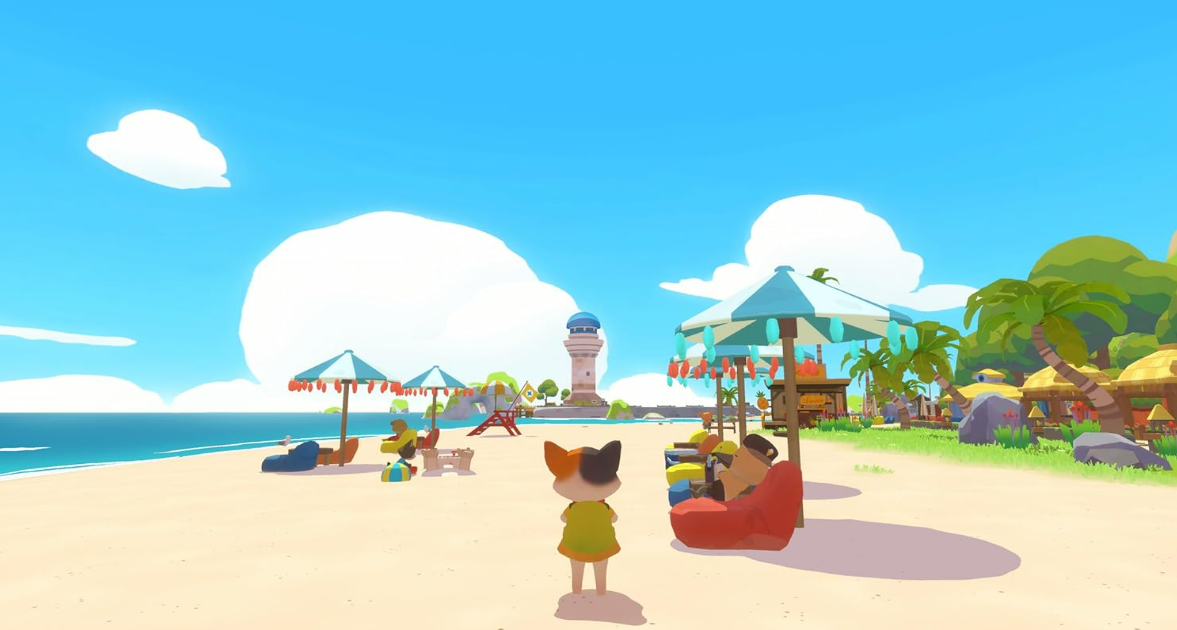 Cartoon-Strandszene mit Menschen, Sonnenschirmen und einer Katze unter blauem Himmel.