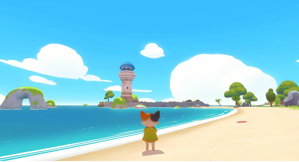 Cartoon-Strandszene mit Katze und Leuchtturm.