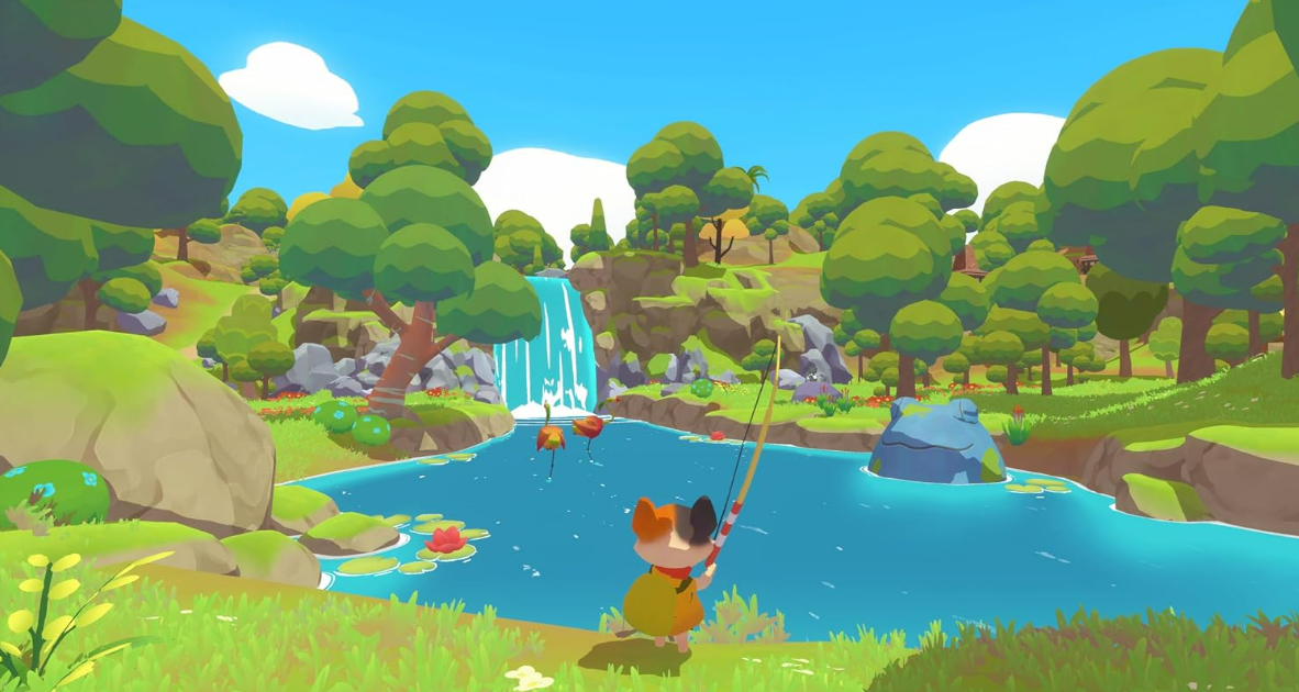 Zeichentrickkatze beim Angeln in einem Teich mit Wasserfall, umgeben von Bäumen und Blumen.