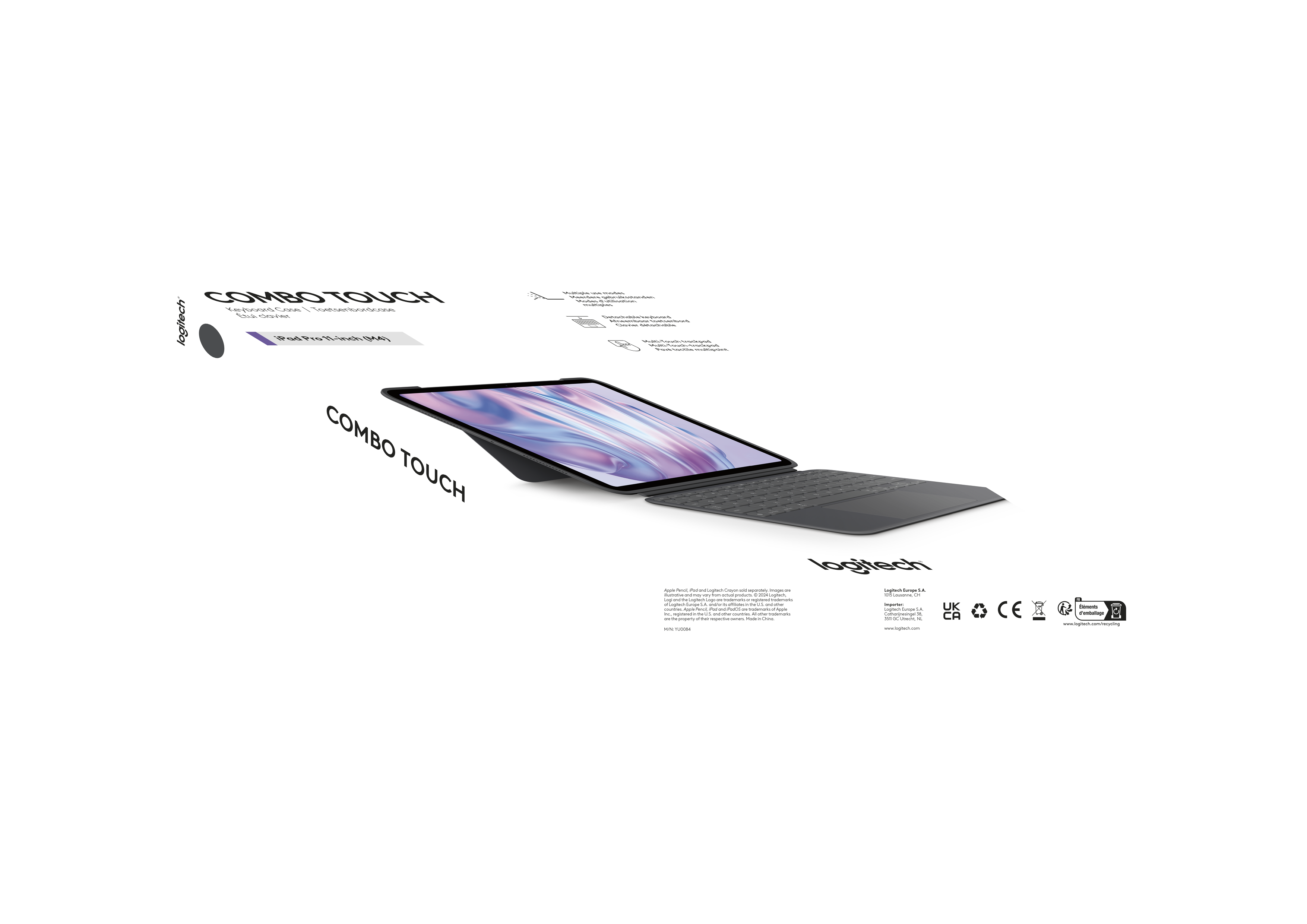 Siyah arka plan üzerinde klavye kılıfı olan tablet. Kılıf kısmen açık.