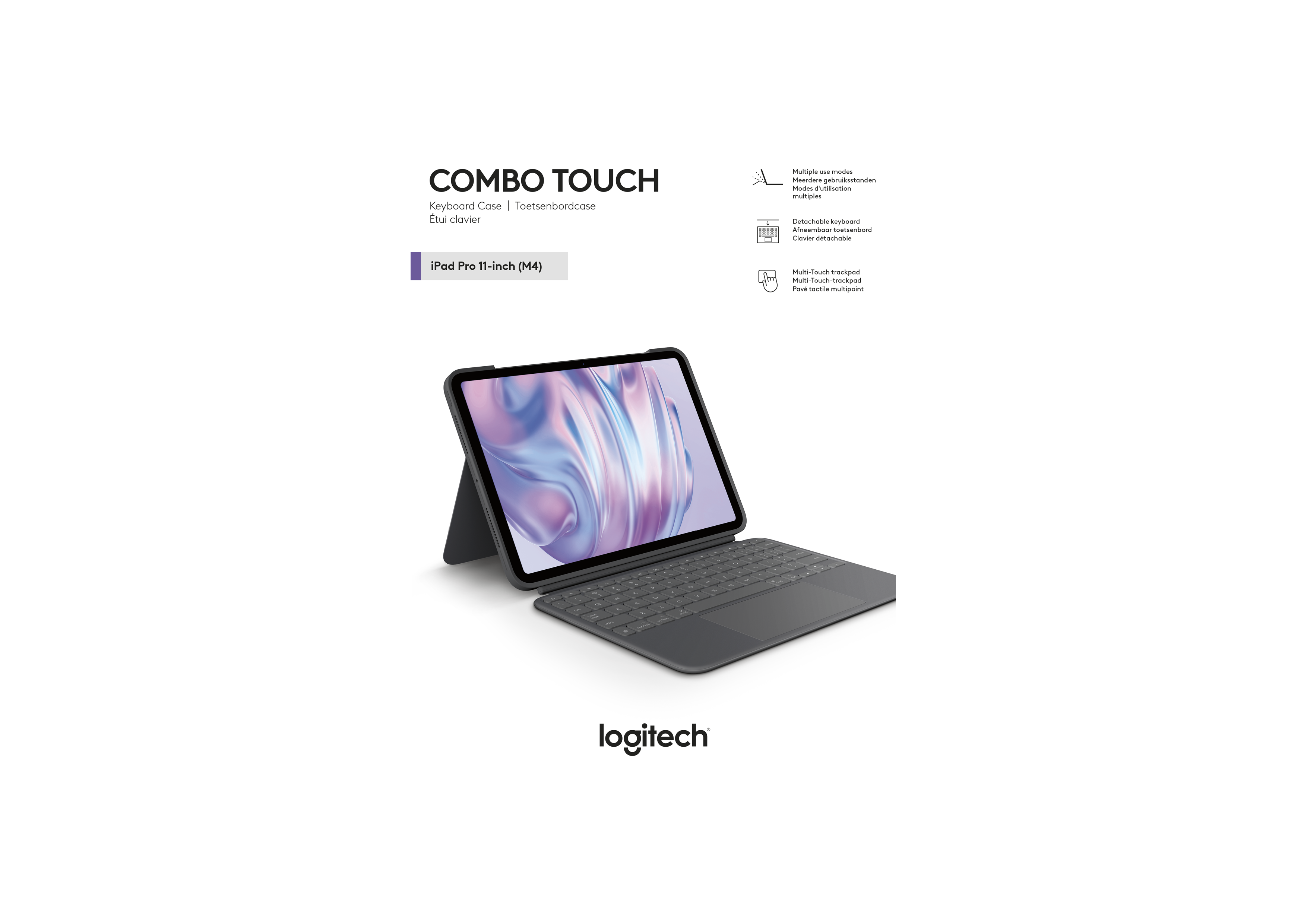 Logitech logosu olan beyaz bir yüzeyde klavye kılıflı iPad Pro.