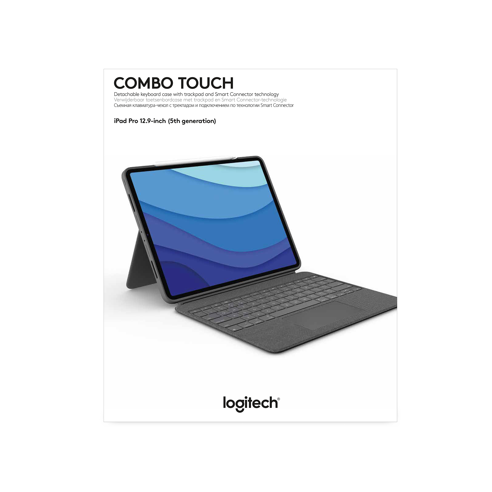 Klavyeli bir iPad Pro. Klavye gri ve ekran mavi ve beyaz soyut bir görüntü gösteriyor.