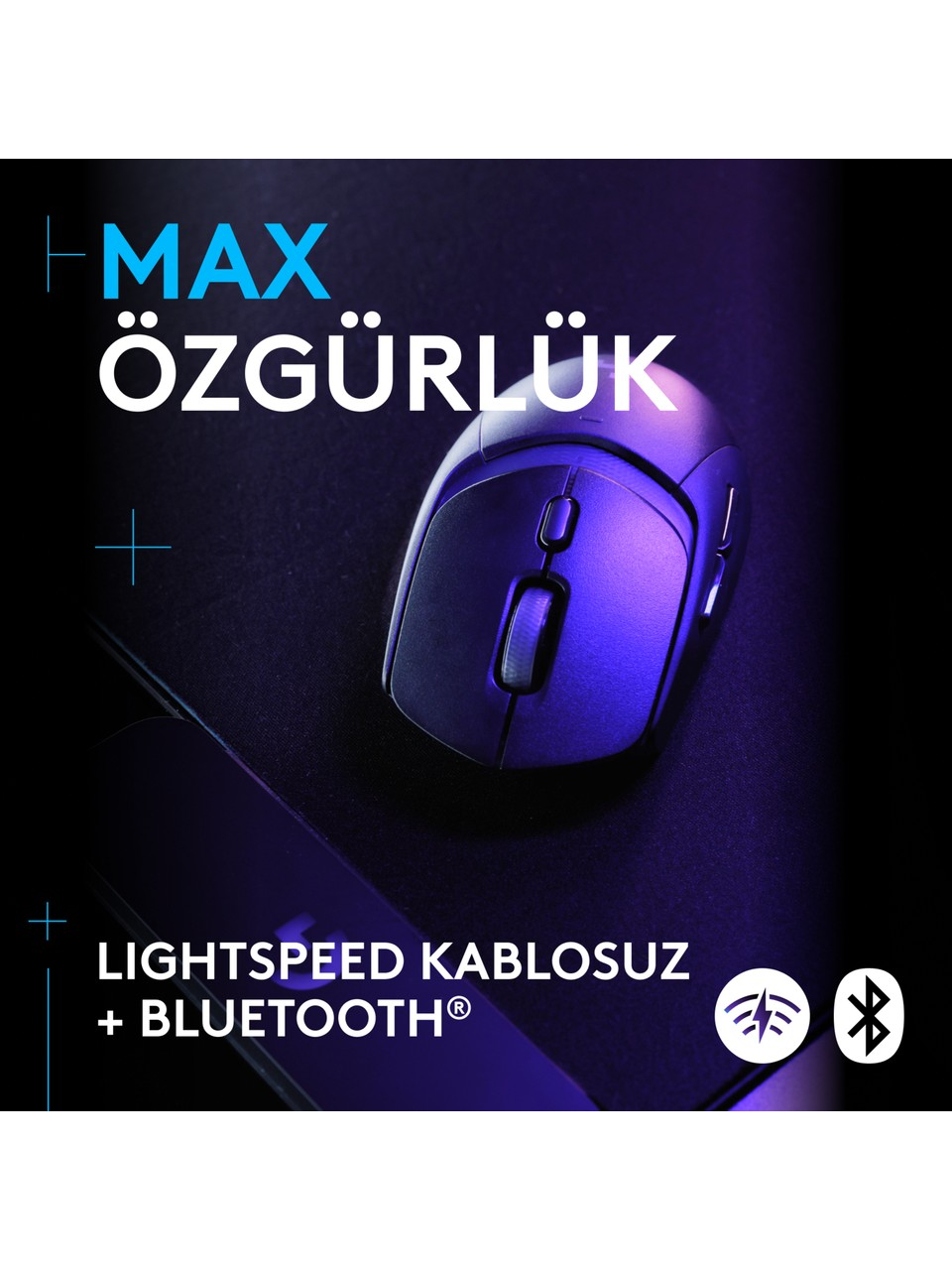 Siyah bir ped üzerinde siyah ve mor bir fare, "MAX ÖZGÜRLÜK" ve "LIGHTSPEED..." metniyle.