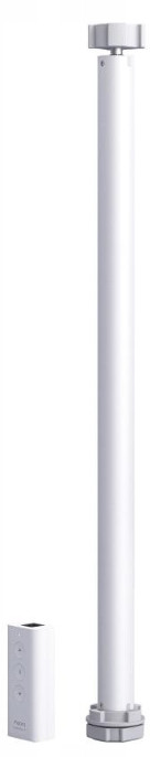 Białe, cylindryczne urządzenie smart home z pilotem obok.