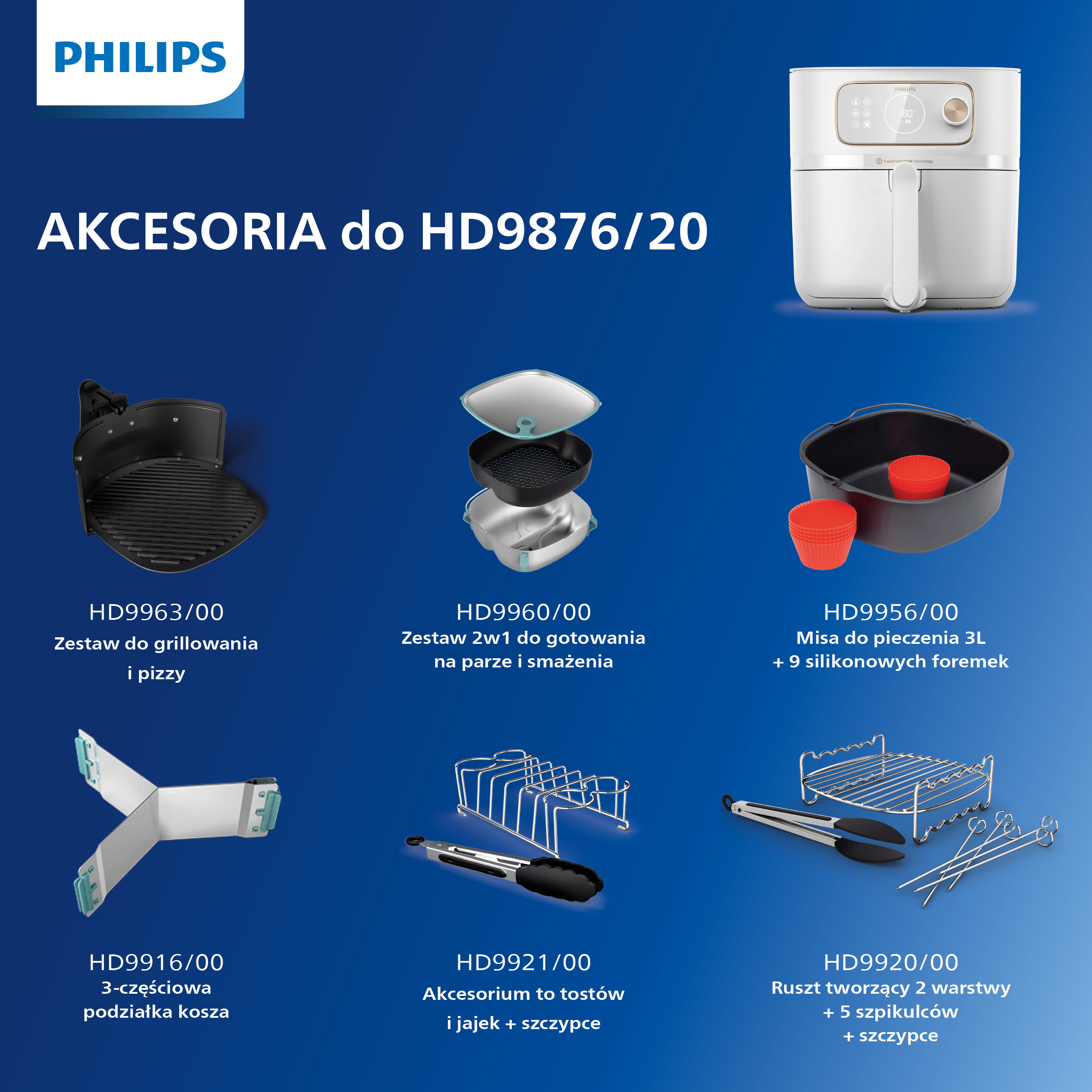 Wyświetlane są różne akcesoria do frytkownicy. Obejmują one grill, kosze do gotowania i talerz do pizzy.