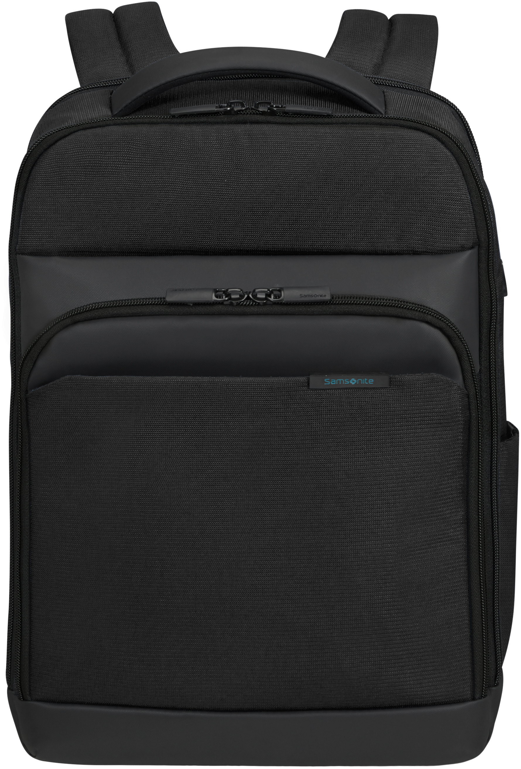 Ein schwarzer Rucksack mit mehreren Fächern, einer Vordertasche und dem Logo 'Samsonite' ist sichtbar.
