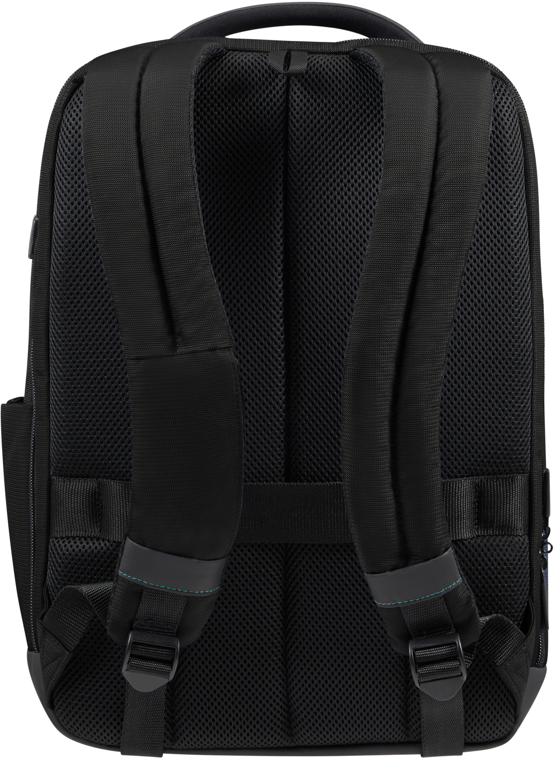 Schwarzer Rucksack mit Netzrücken und Trägern, blaue Nähte an den Trägern.