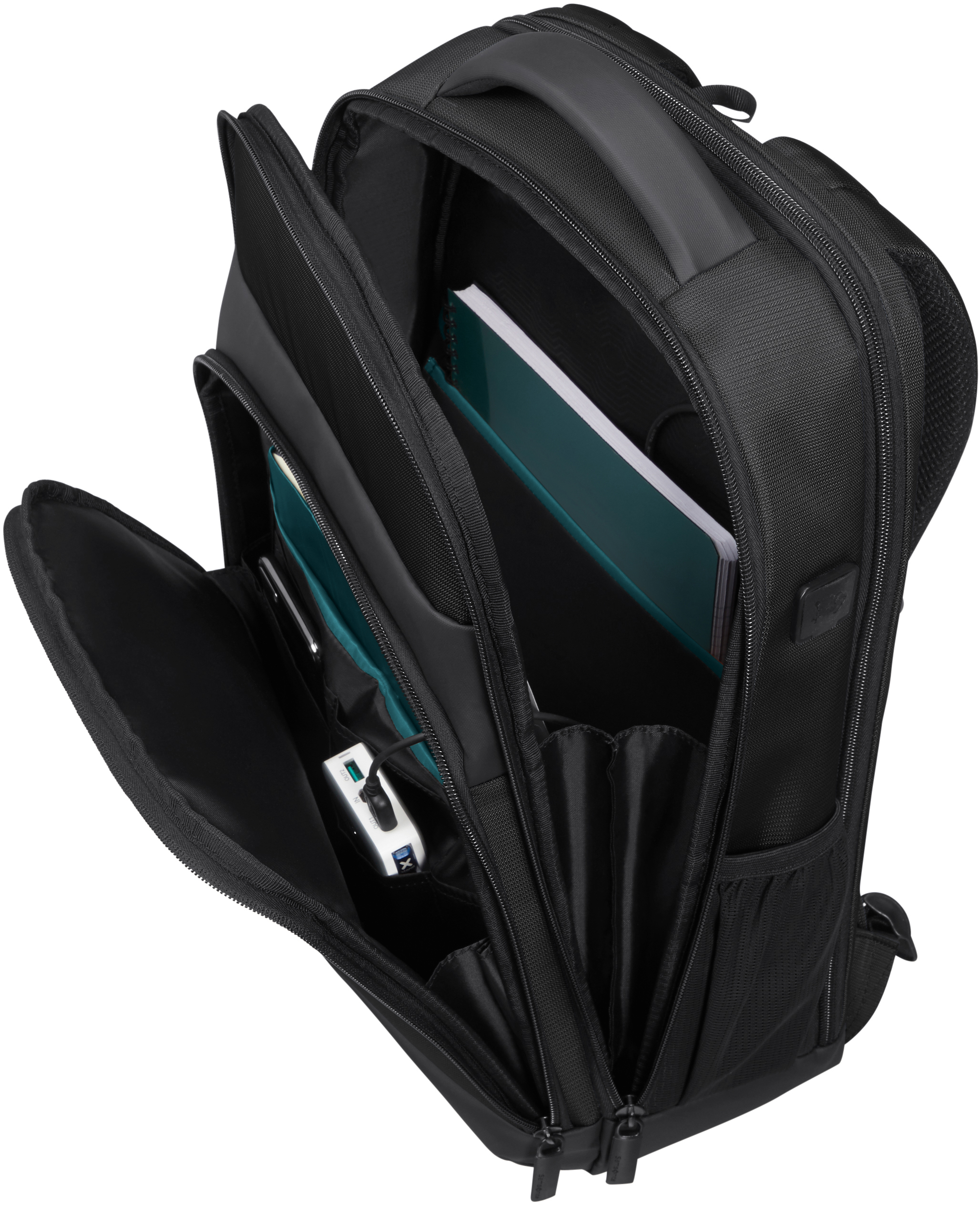 Schwarzer offener Rucksack mit Fächern für Laptop, Dokumente und Stifte.