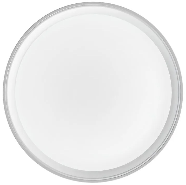 Biała, okrągła oprawa oświetleniowa ze srebrną obwódką.