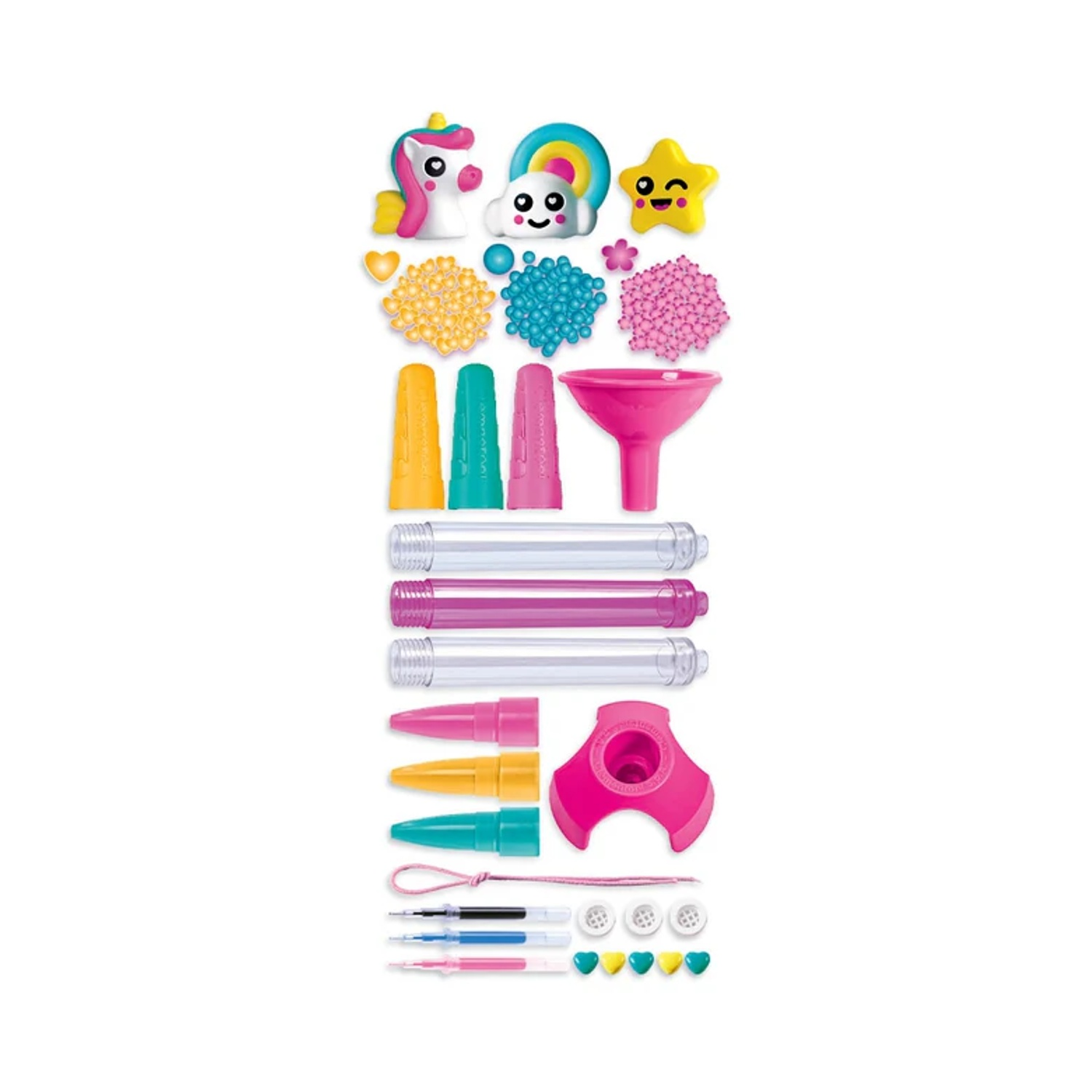 Kit artigianale colorato con unicorno, nuvola, stella, cuori, tubi e imbuto su sfondo bianco.
