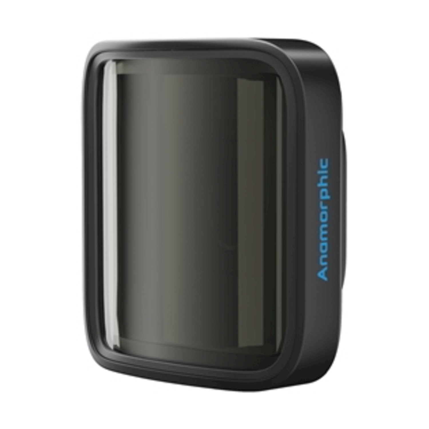 Obiettivo della fotocamera nero, rettangolare, con frontale in vetro trasparente e scritta 'Anamorphic' blu.