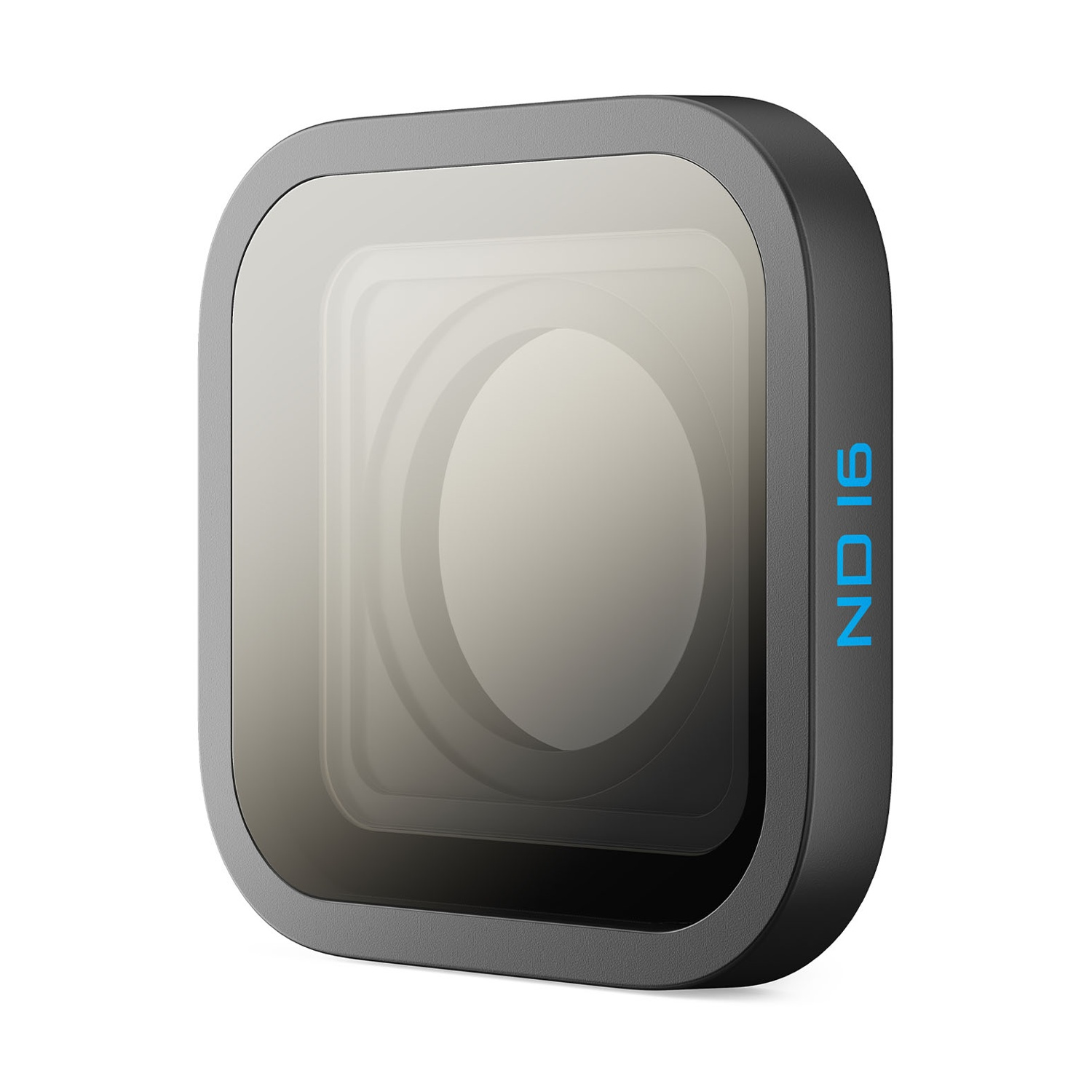 Filtro obiettivo quadrato nero e grigio con 'ND 16' scritto in blu sul lato.