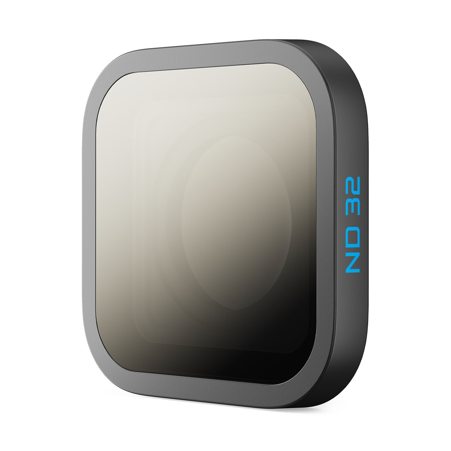 Un filtro per fotocamera quadrato, grigio e nero, con il testo "ND 32" sul lato.
