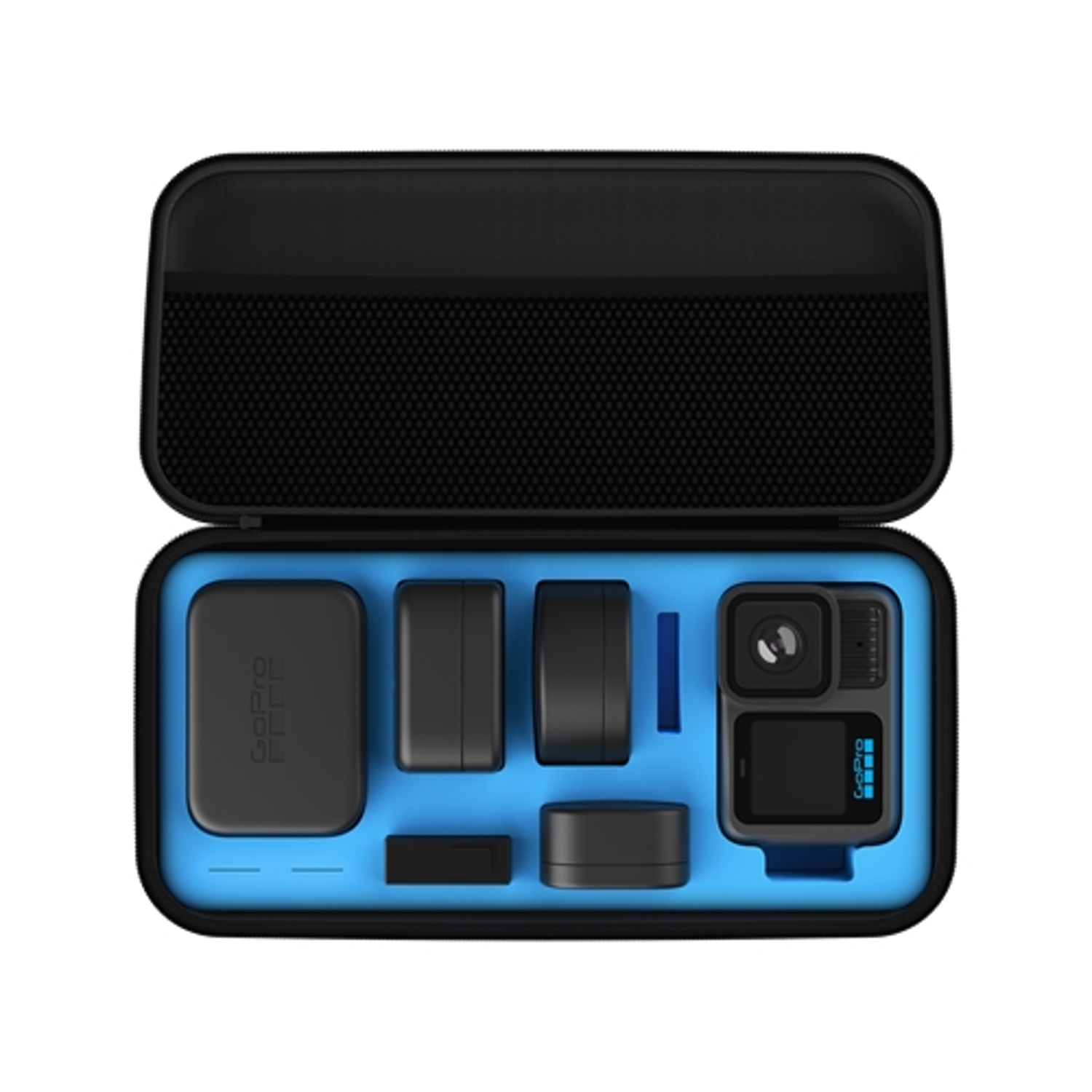 Una custodia nera aperta per rivelare una fotocamera, un caricabatterie e altri accessori.