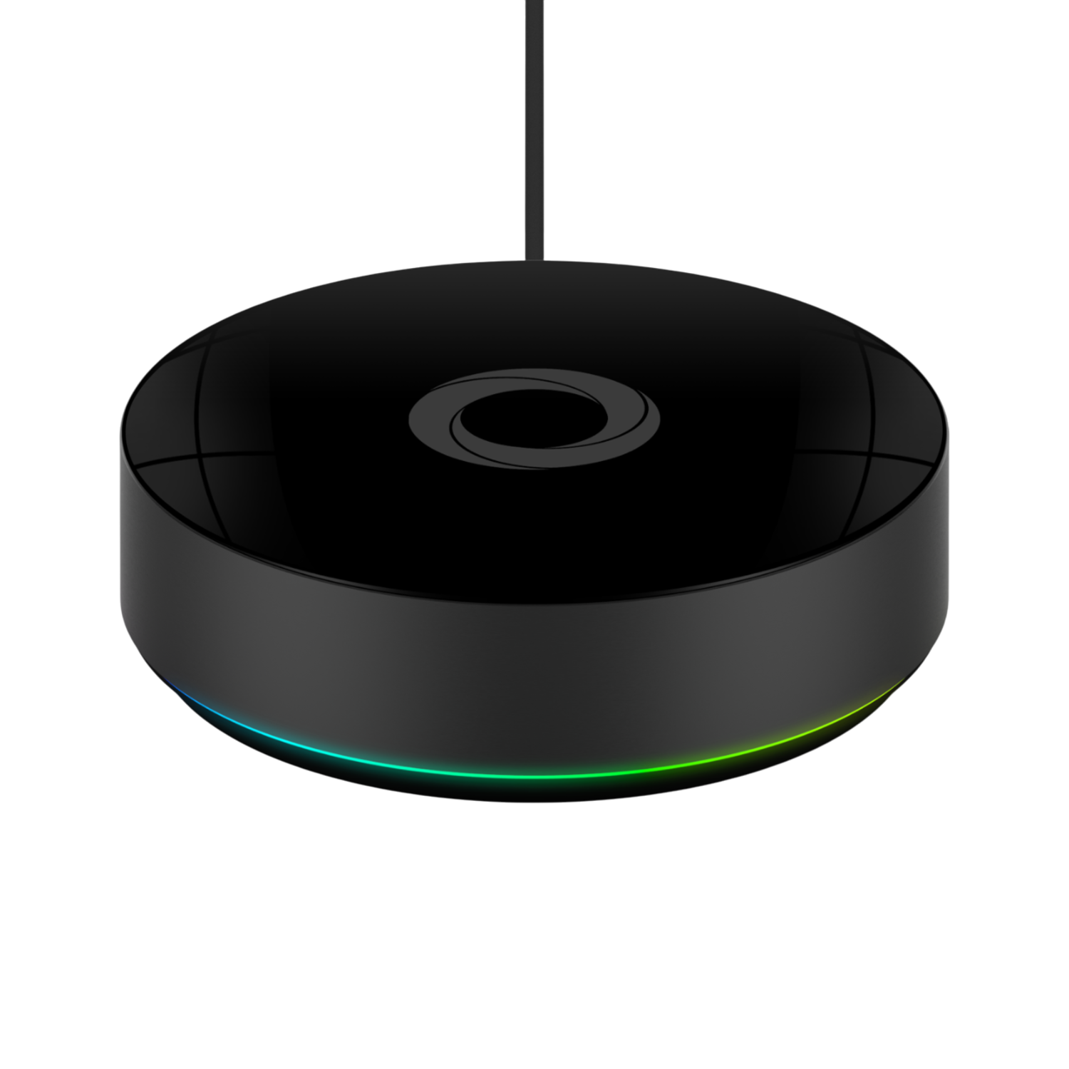 Een zwarte smart home hub met een kleurrijke lichtring aan de onderkant en een zwarte achtergrond.