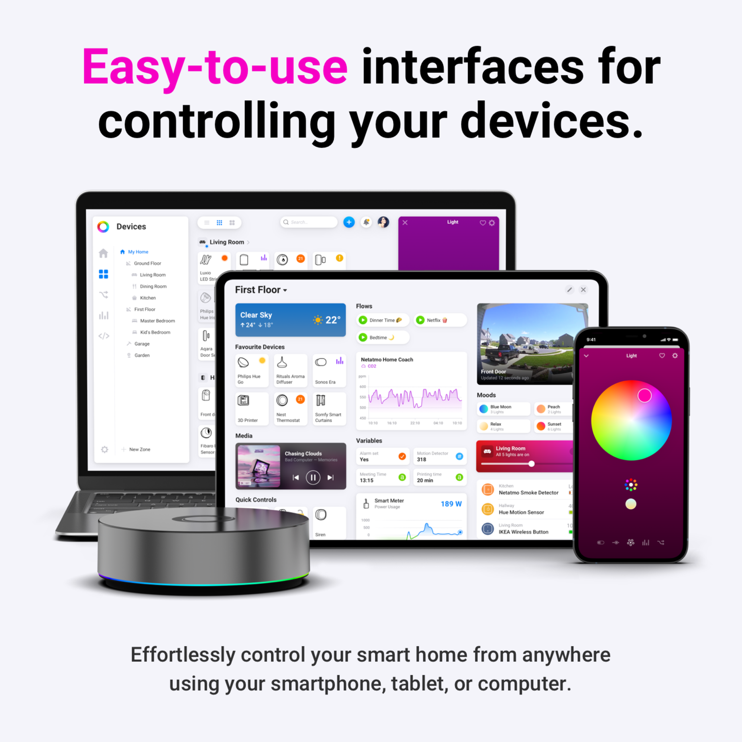 Smart home interface op laptop, tablet en telefoon, met een smart home hub.