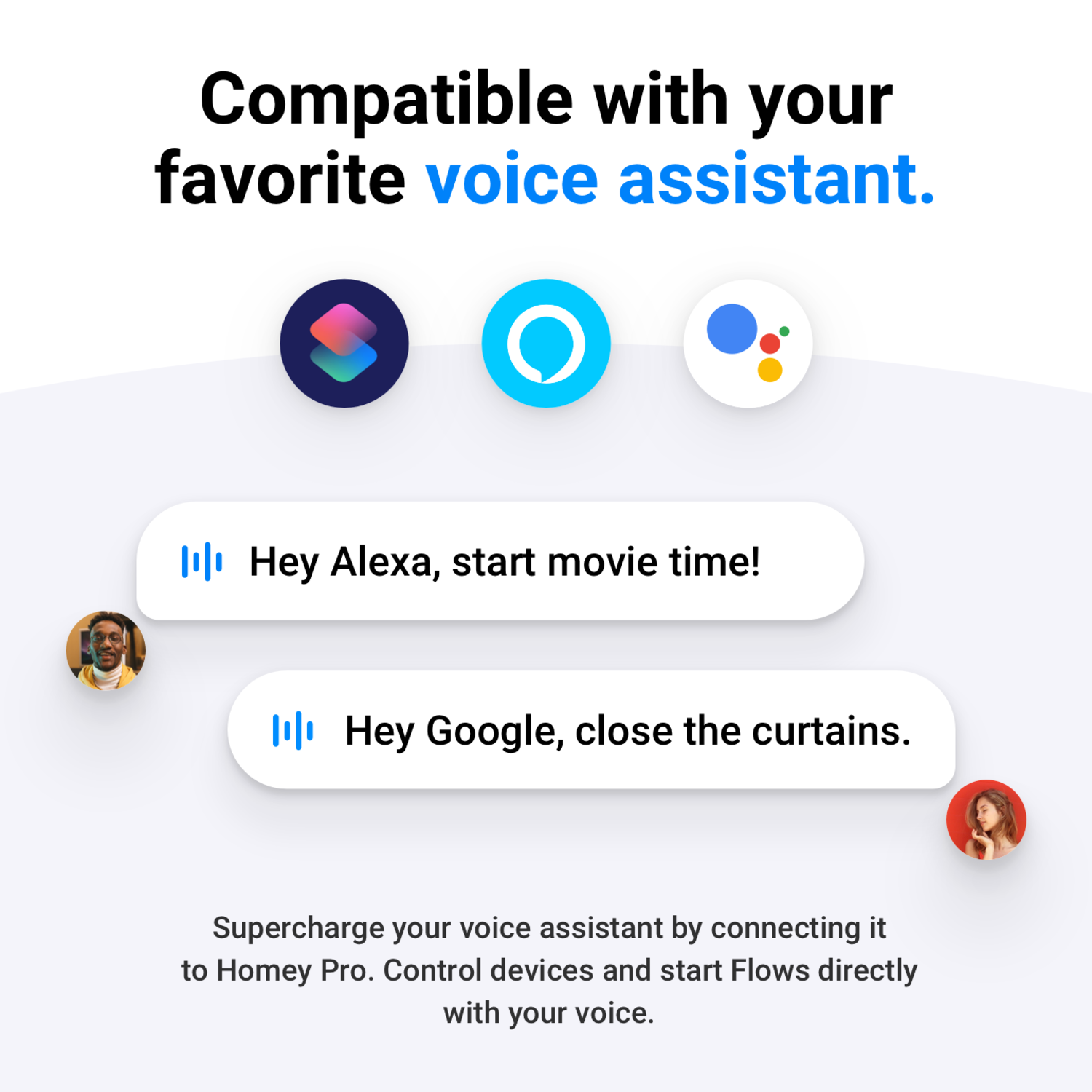 Afbeelding promoot spraakassistent compatibiliteit. Pictogrammen van Siri, Alexa en Google Assistant. Tekstvoorbeelden en gebruikersafbeeldingen.