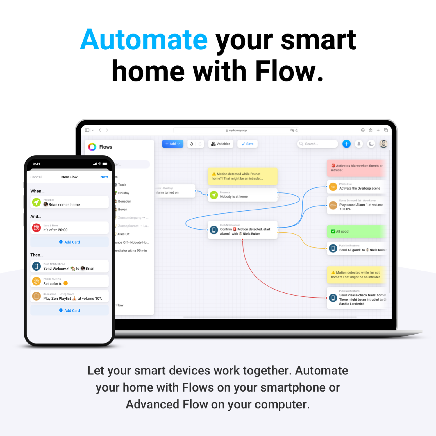 Smartphone en laptop met domotica-app. Tekst: Automatiseer je slimme huis met Flow.