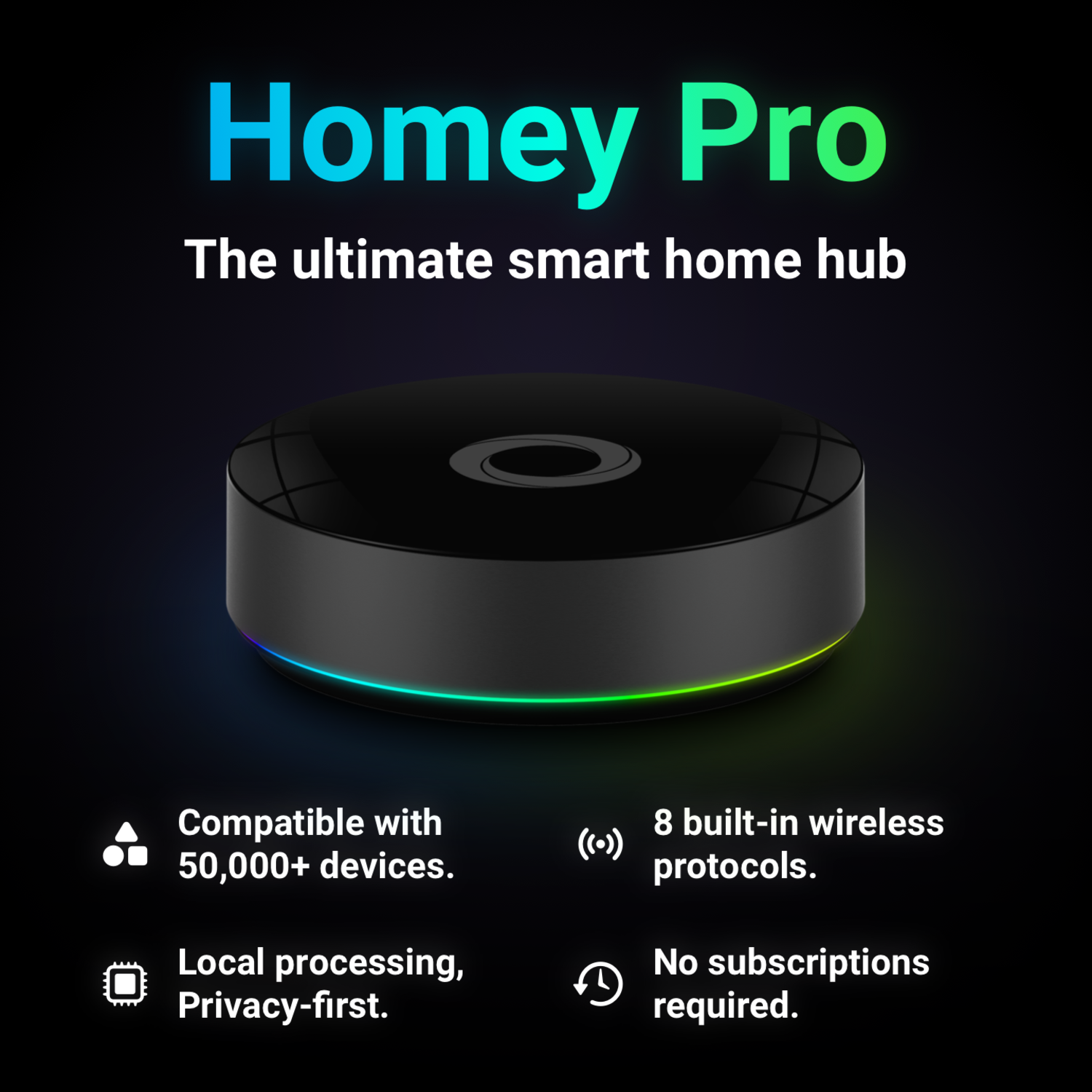 Slimme home hub, zwart en rond, met gekleurd licht.