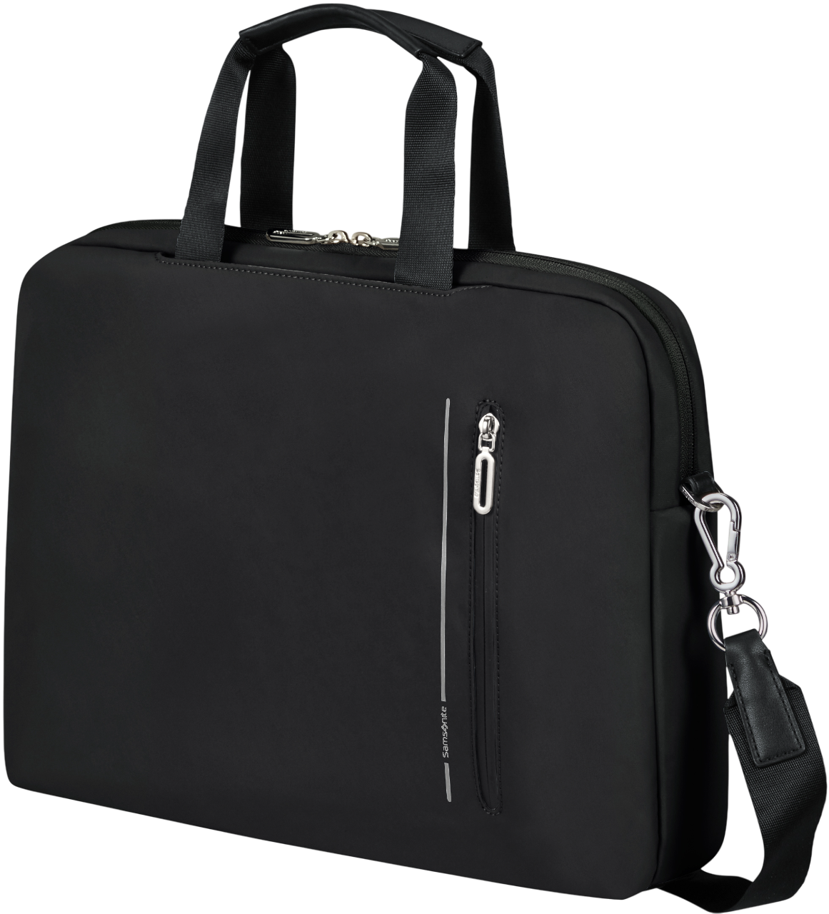 Schwarze Samsonite Aktentasche mit Schulterriemen und silbernem Reißverschluss.