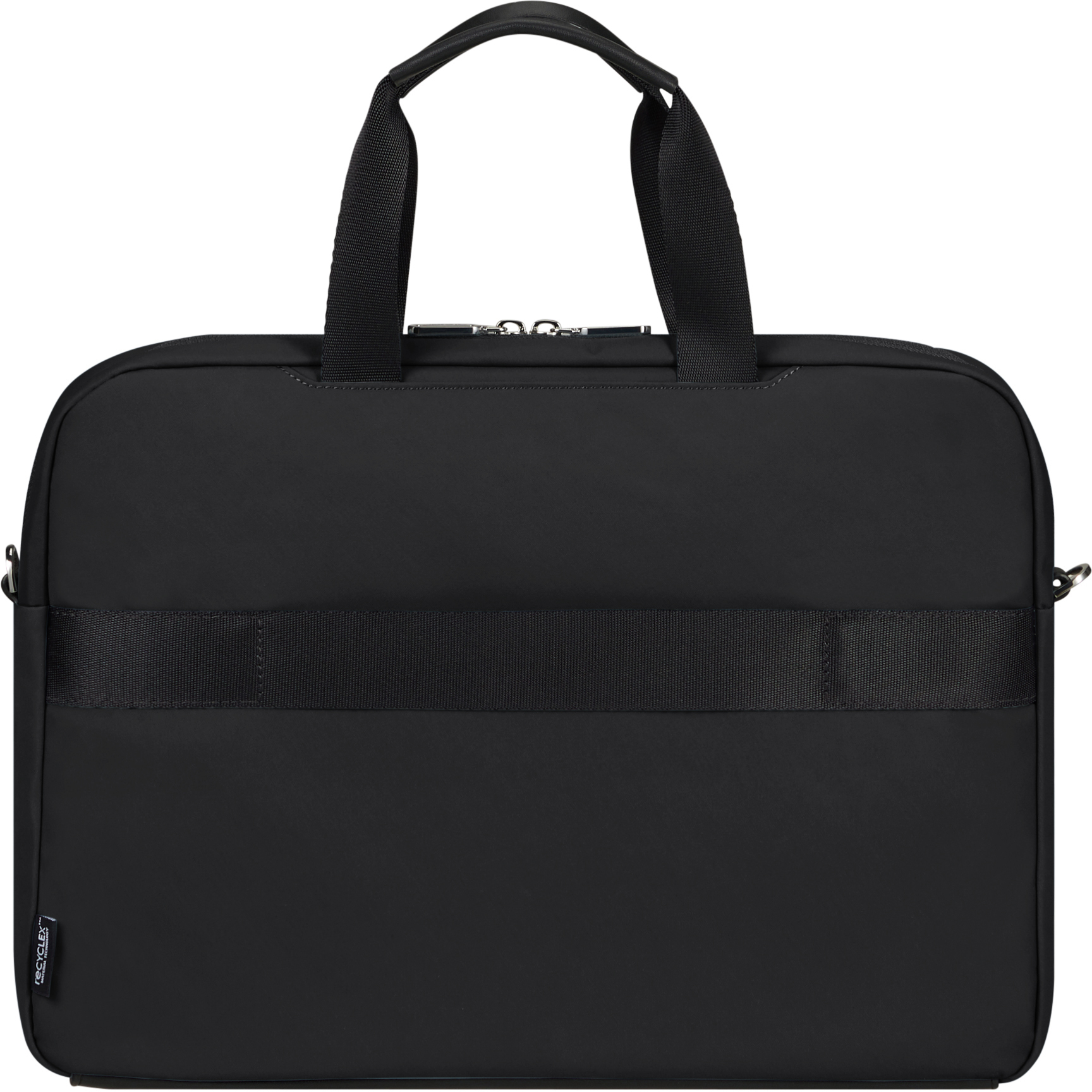 Eine schwarze rechteckige Tasche mit zwei Griffen und einem Schultergurt. Der Hintergrund ist weiß.