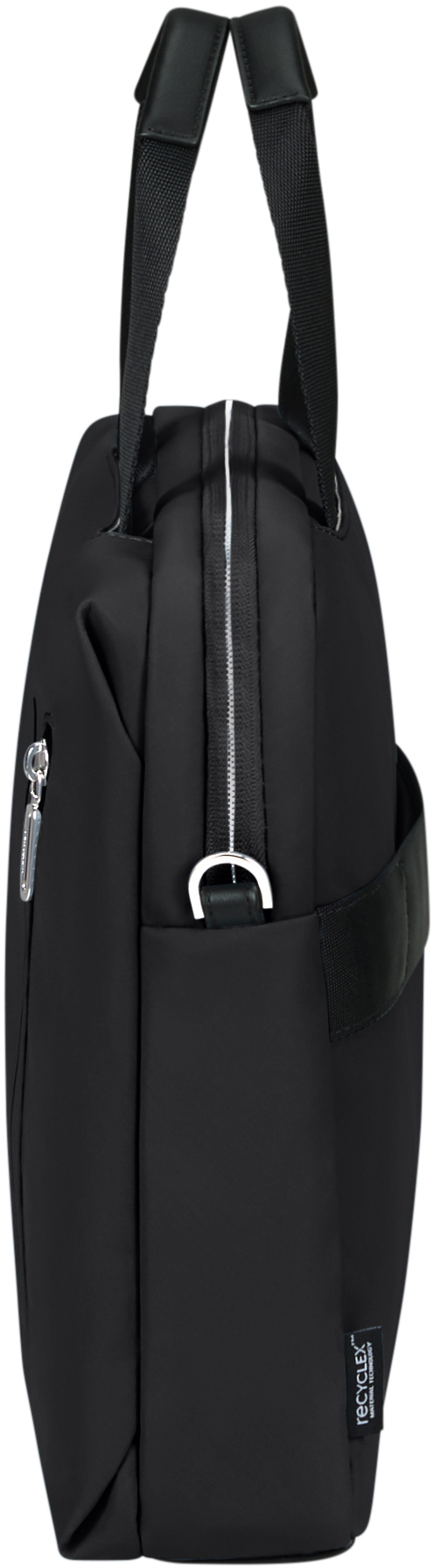 Schwarze Seitenansicht einer Laptoptasche mit Reißverschluss, Griff und Riemen.