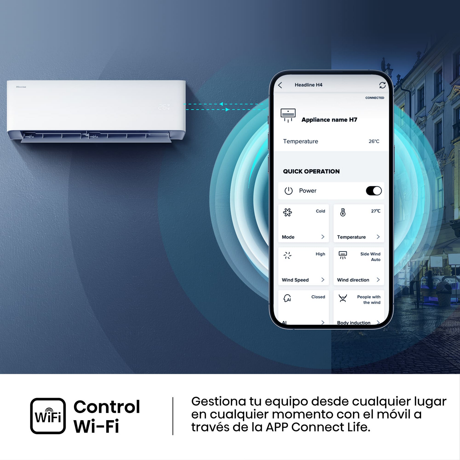 Aire acondicionado en la pared, con una pantalla de teléfono conectada que muestra los controles y un fondo de ciudad.
