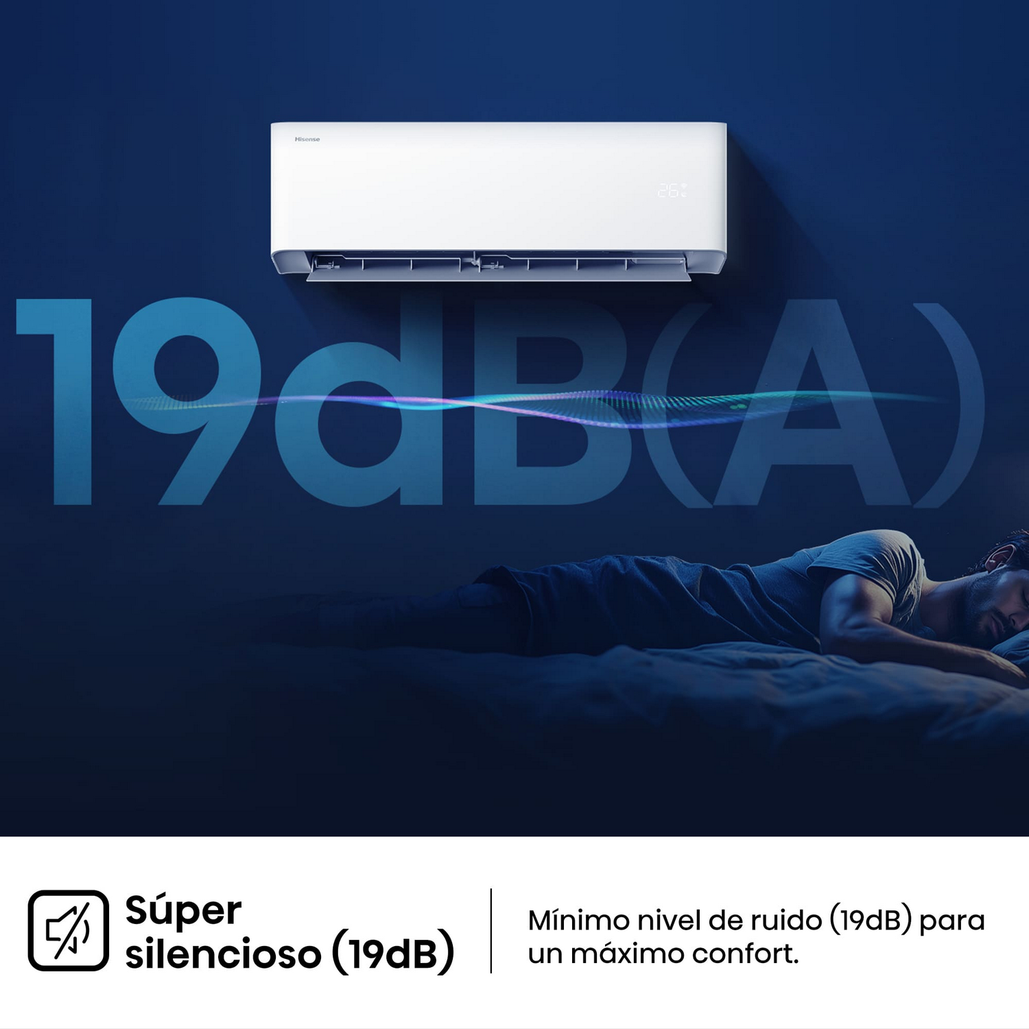 Un hombre durmiendo en una cama. Un aire acondicionado está sobre él. Texto: 19dB(A) y 'Super Silencioso'.