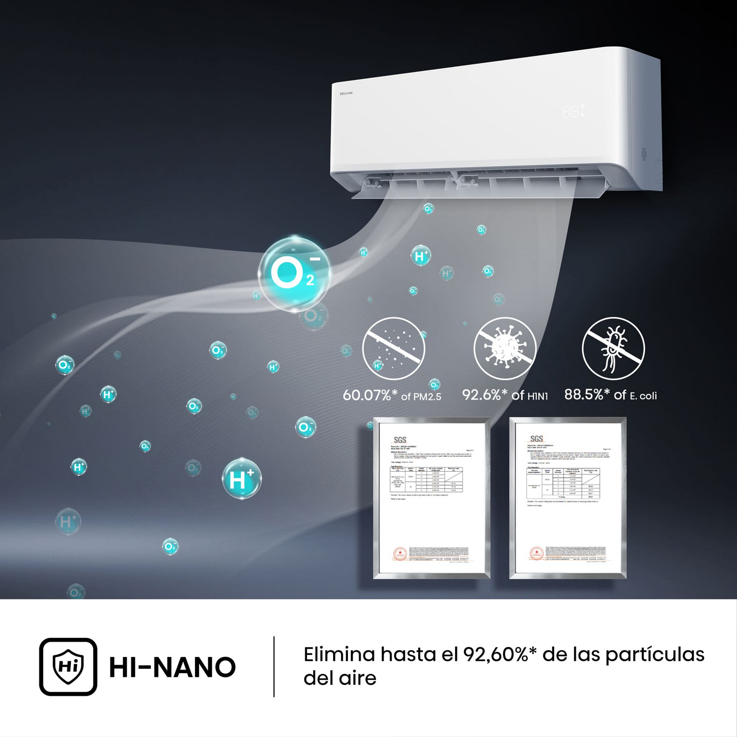 Aire acondicionado blanco con texto y diagramas que ilustran la purificación y filtración del aire.