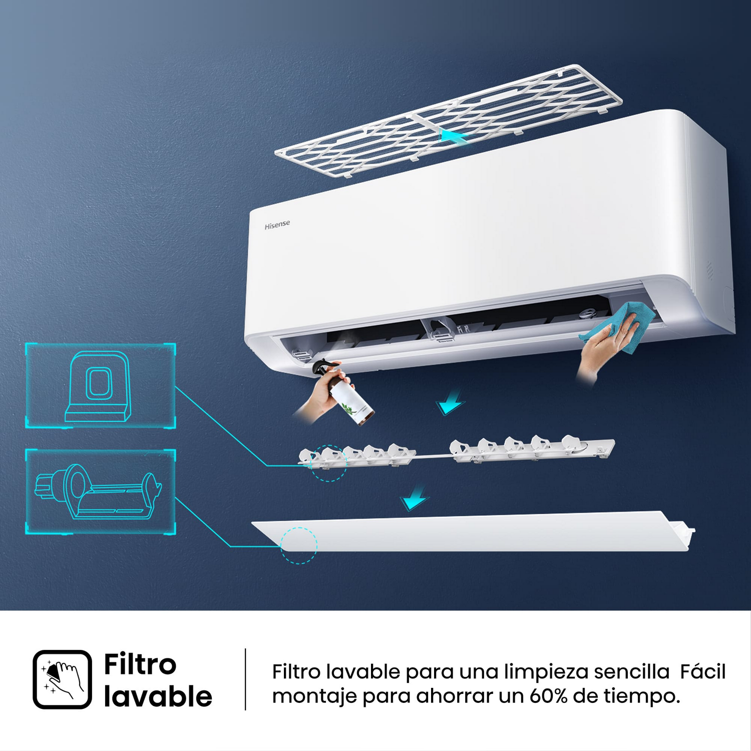 Aire acondicionado con piezas y flechas. Texto: 'Filtro lavable' (filtro lavable).