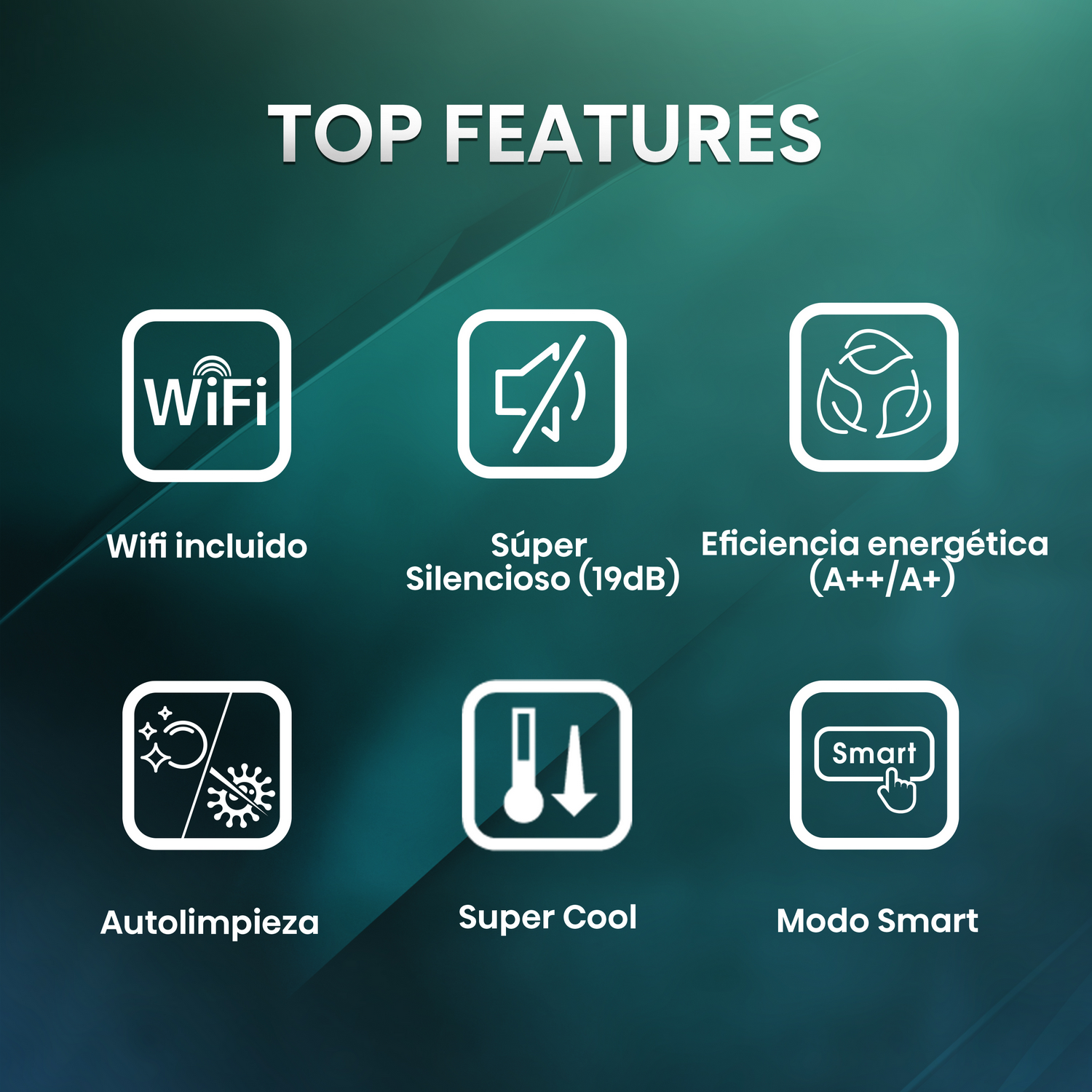 Características principales de un aire acondicionado: WiFi, súper silencioso, eficiencia energética.