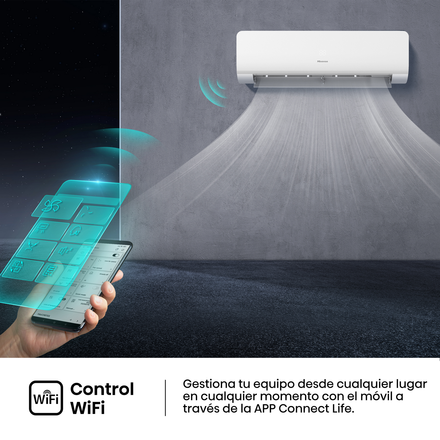 Aire acondicionado con un teléfono inteligente que muestra opciones de control, el logotipo de Wi-Fi y el lema.