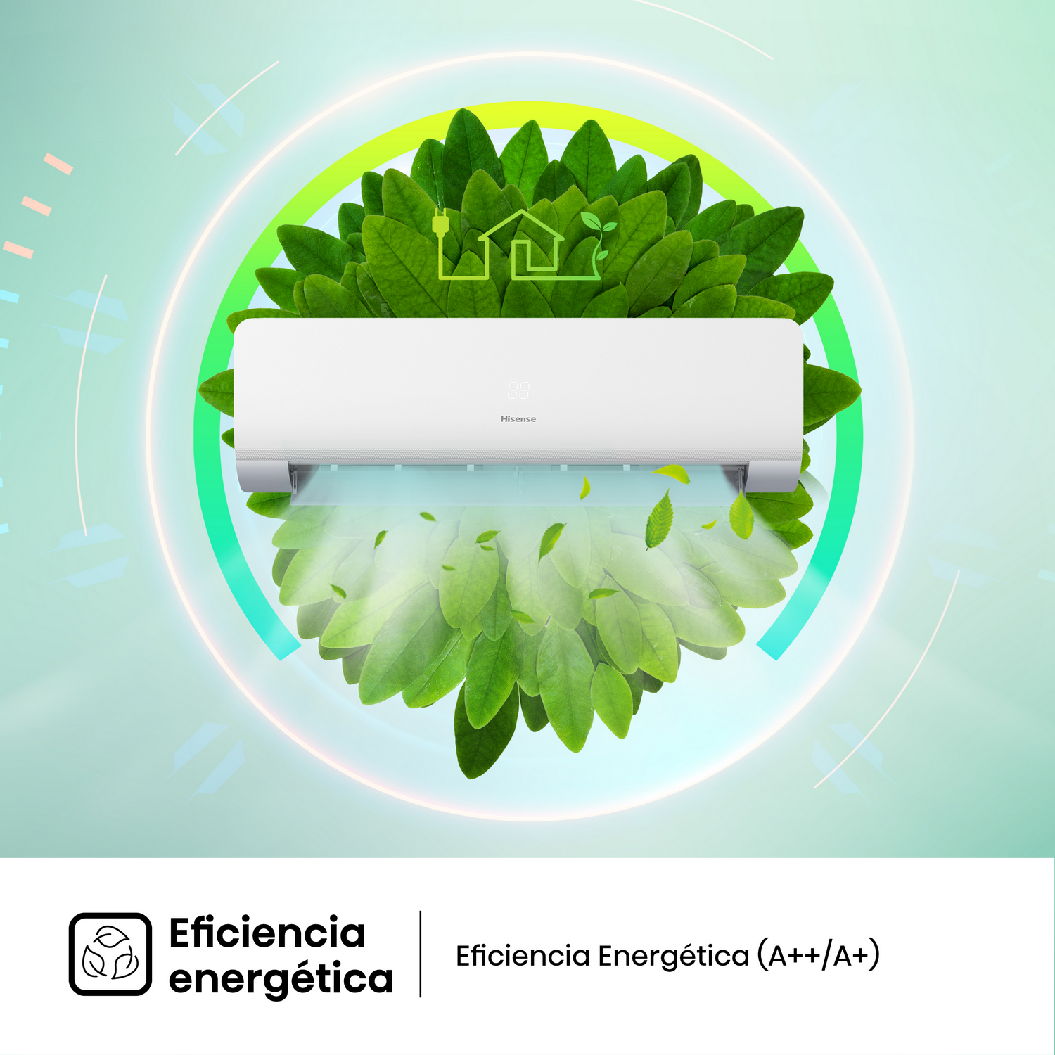 Aire acondicionado blanco con hojas verdes y texto sobre fondo verde claro.