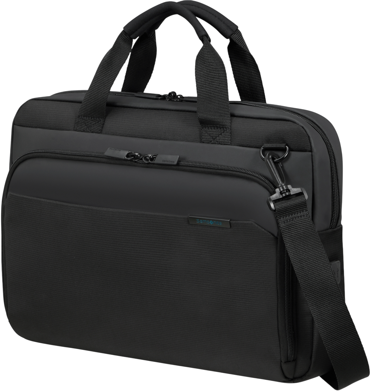 Schwarze Samsonite Aktentasche mit Schulterriemen. Sie hat eine Vordertasche und das Samsonite-Logo.