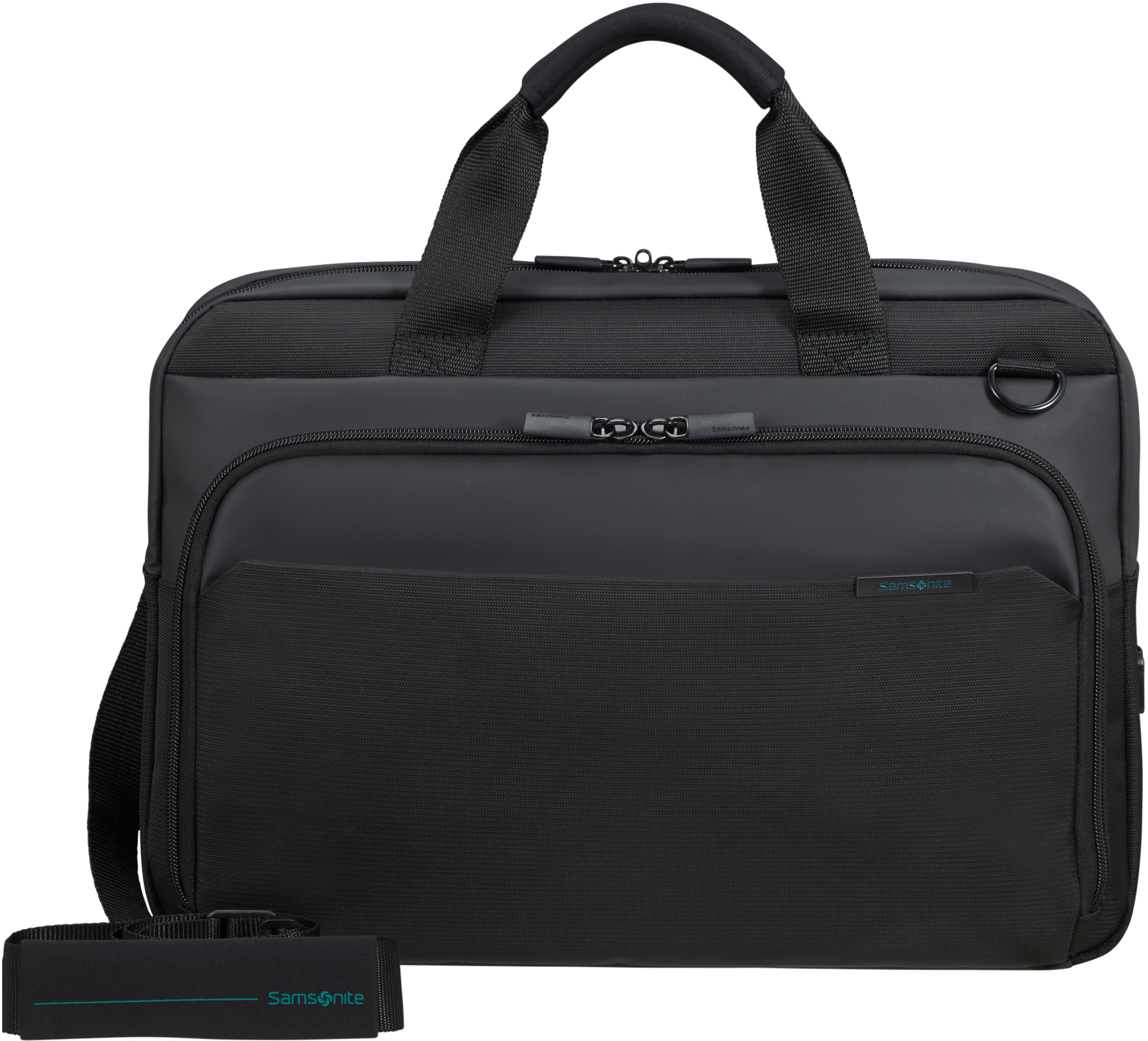Eine schwarze Samsonite-Aktentasche mit Griffen, Schulterriemen und mehreren Fächern. Das Logo ist sichtbar.