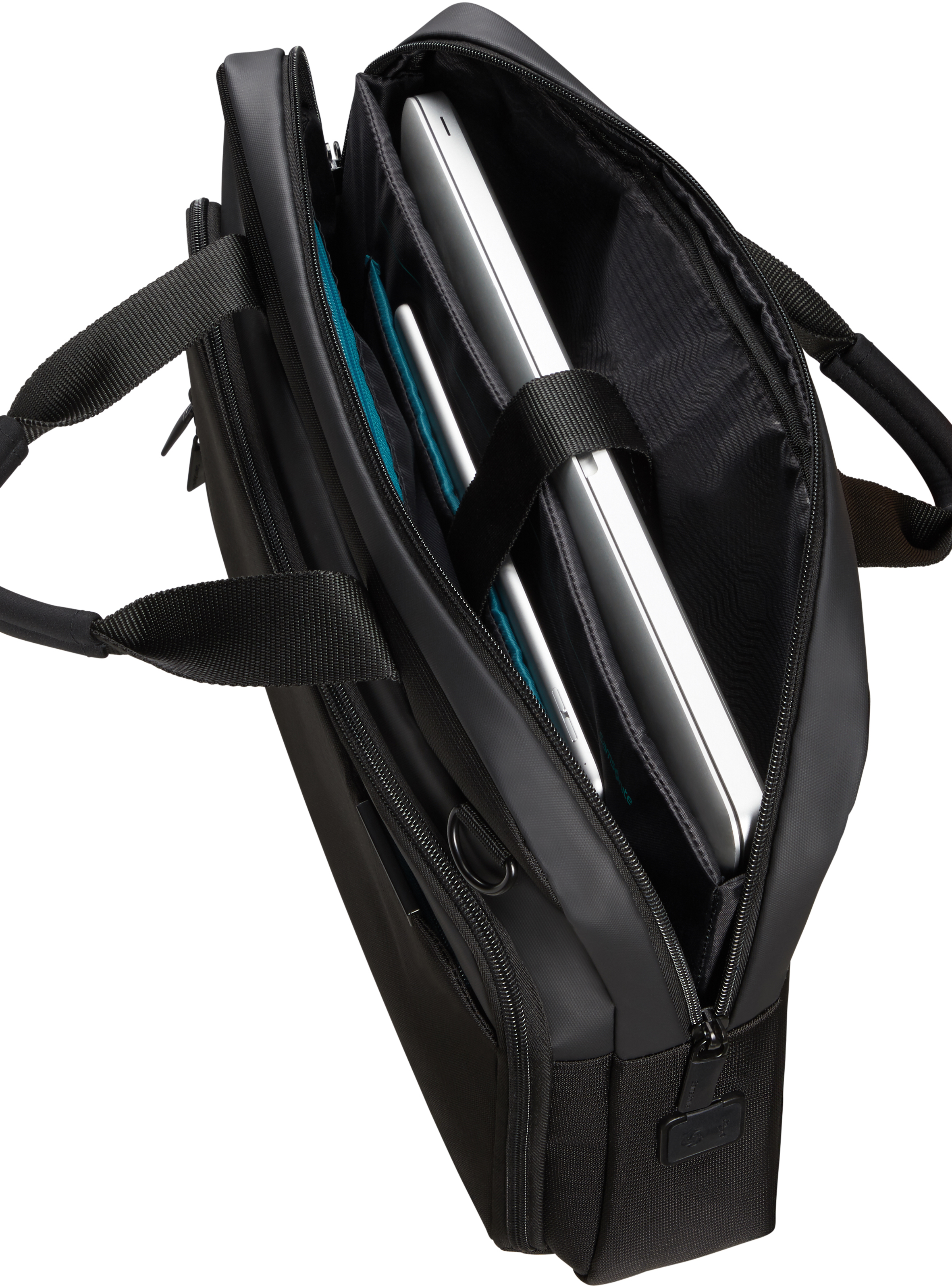 Person rennt aus einem Laptop-Bildschirm, mit farbenfrohem Licht-Hintergrund.
