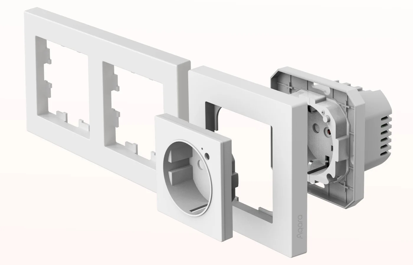 Białe komponenty smart home Aqara zdemontowane: ramki, przełącznik i gniazdo. Wyizolowane na jasnym tle.