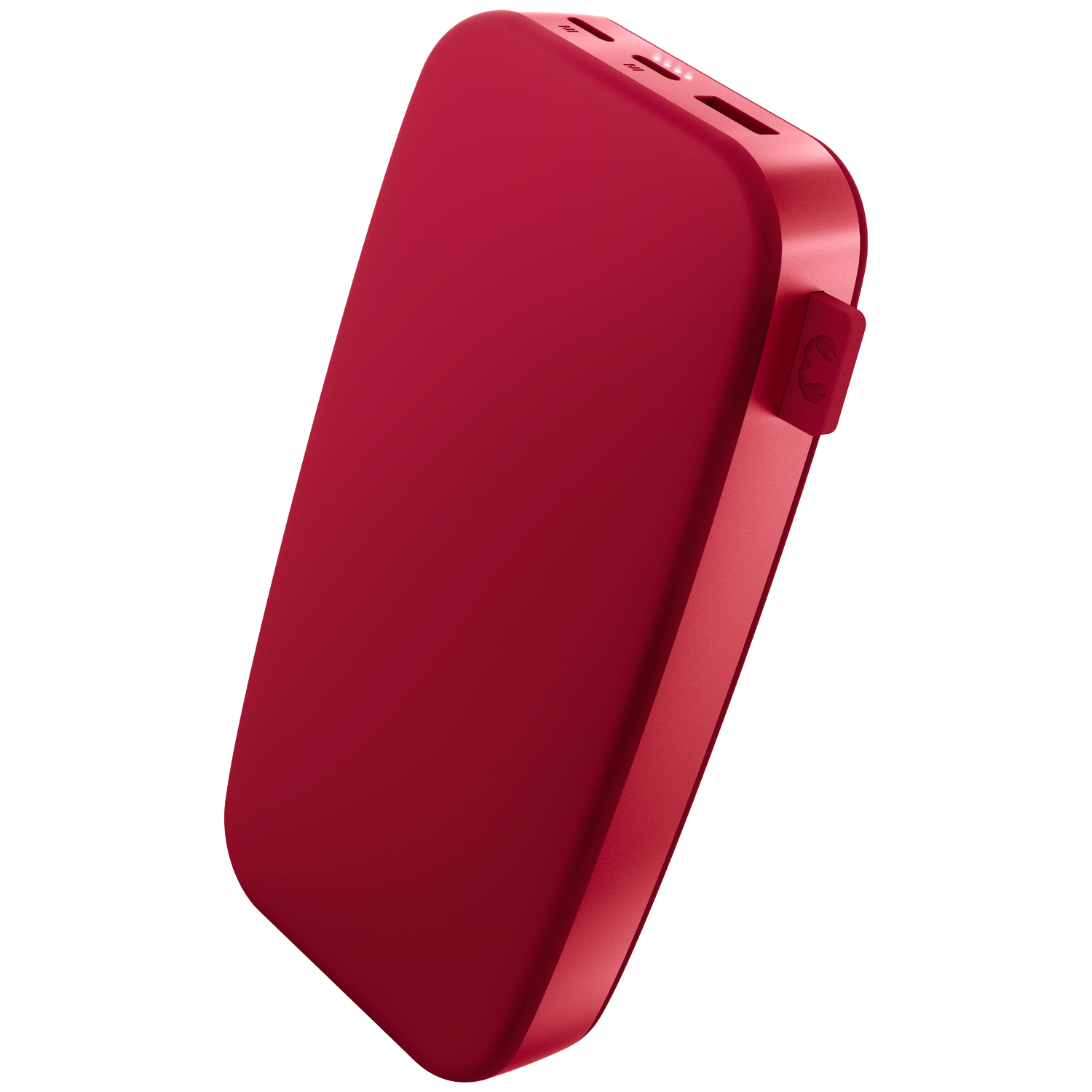 Une batterie externe rouge aux bords arrondis. Elle comporte des ports sur le dessus et un bouton sur le côté. Isolée sur fond blanc.